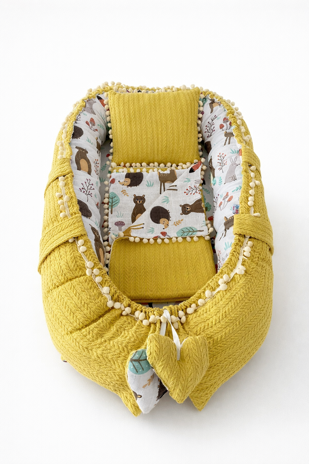 Jaju Baby Örgü Pike Kumaş ve Orman Müslin Kumaş Ponponlu 3'lü Babynest Set