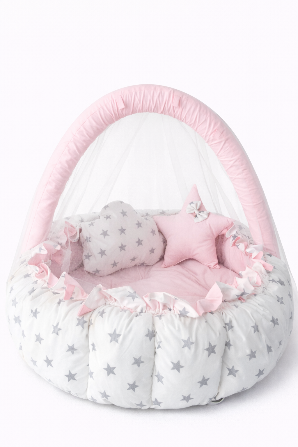 Jaju Baby Pembe - Beyaz Yıldız Tasarım Lüx Oyun Minderi Babynest Cibinlik Tül Oyuncak Aparat Set