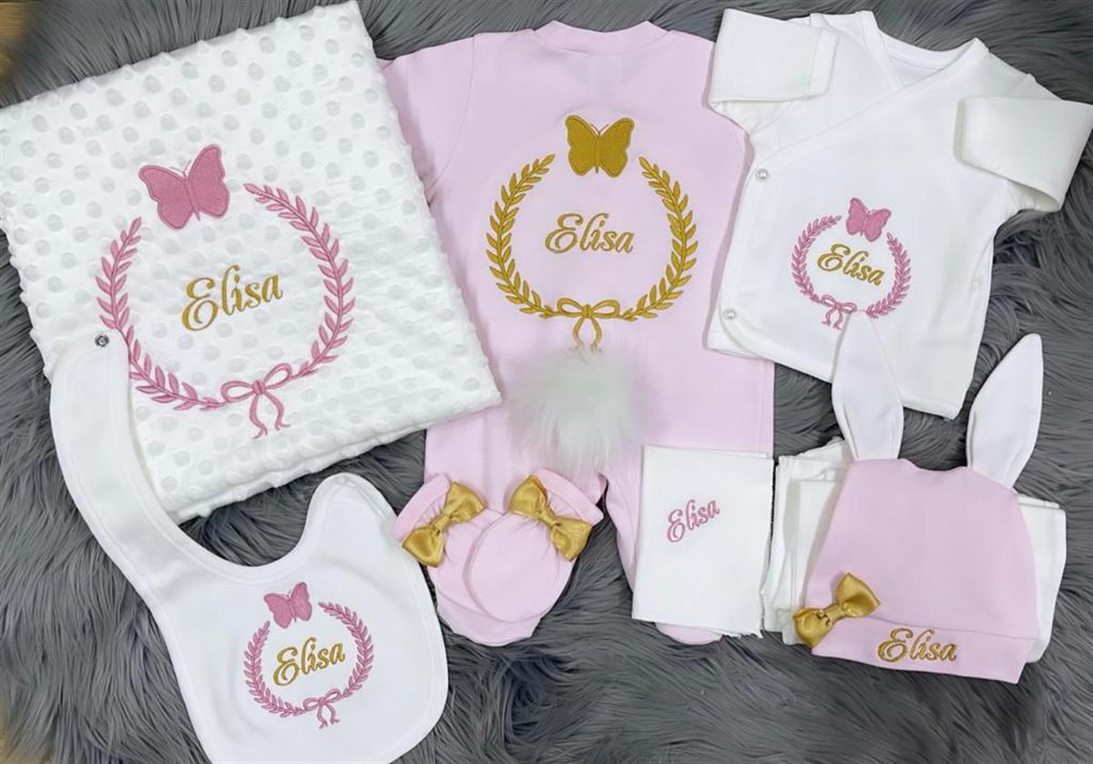 Jaju Baby Pembe Kelebek Nakışlı ve İsim İşlemeli Ponponlu Bebek Yeni Doğan Set