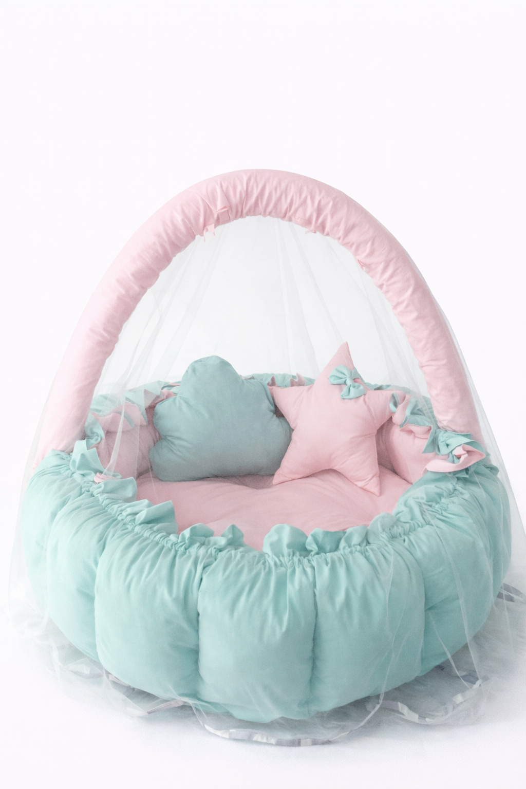 Jaju Baby Pembe - Mint  Tasarım Lüx Oyun Minderi Babynest Cibinlik Tül Oyuncak Aparat Set