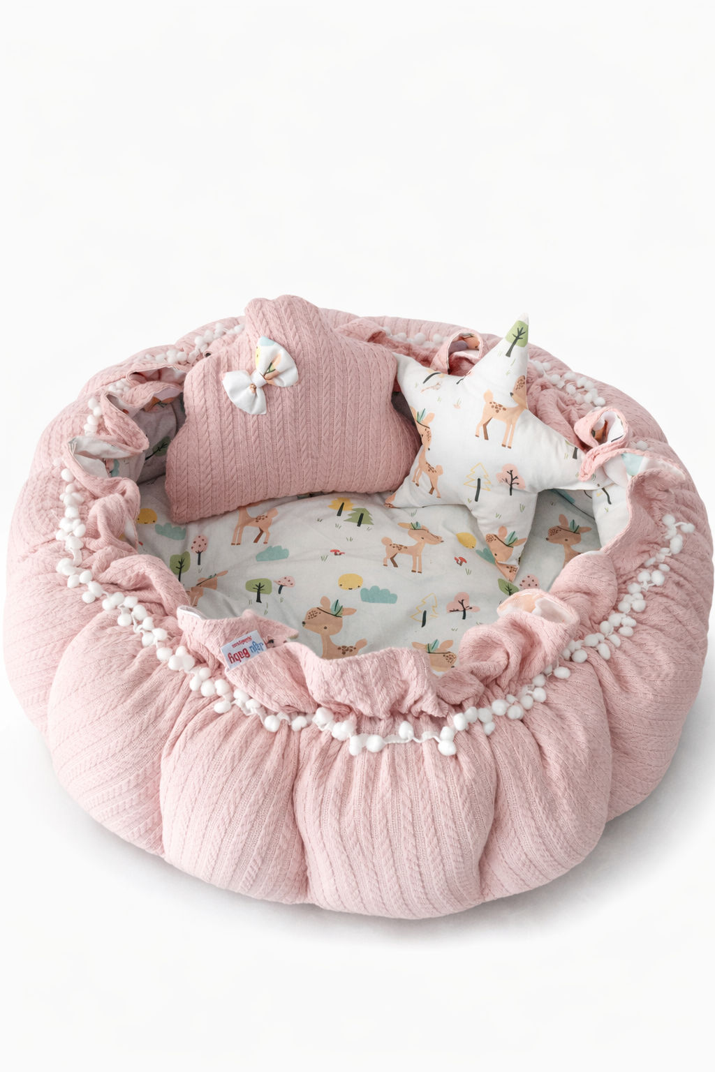 Jaju Baby Pembe Örgü ve Geyik Desen Kombinli Tasarım Açılır - Kapanır Oyun Minderi Bebek Yuvası