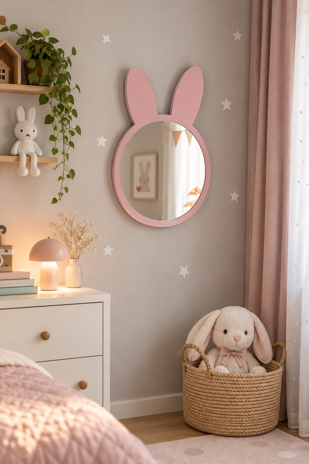 Jaju Baby Pembe Tavşan Figürlü Dekoratif Çocuk Odası Aynası – MDF Çerçeveli 50 x 35 cm