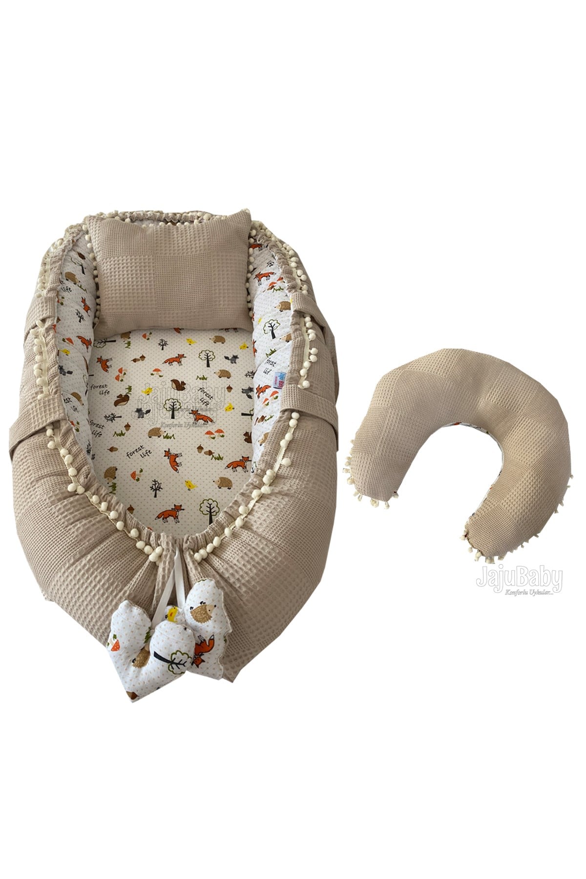 Jaju Baby Pike Kumaş ve Müslin Kumaş Tilki Tasarım Ponponlu 3'lü Babynest Set