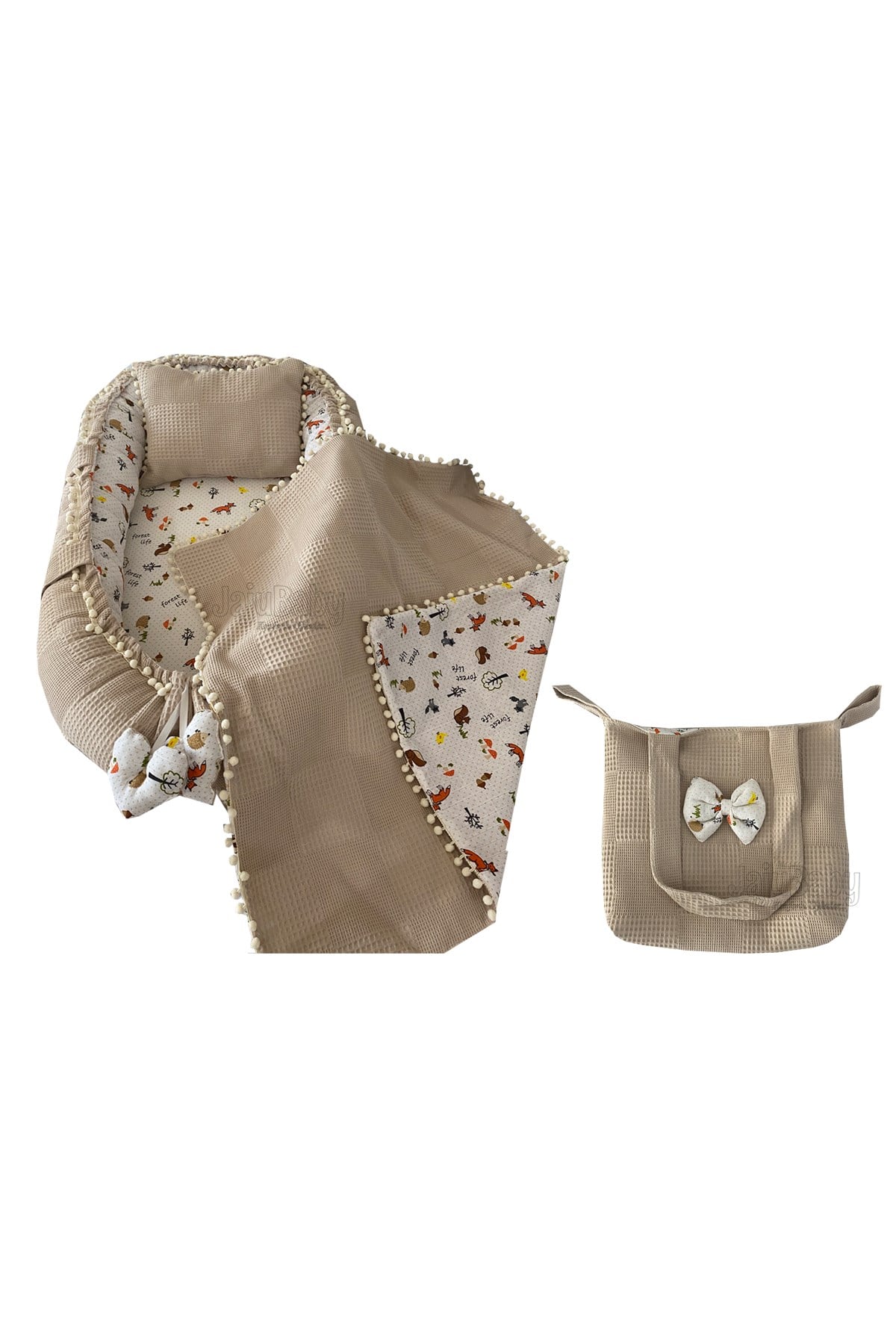 Jaju Baby Pike Kumaş ve Müslin Kumaş Tilki Tasarım Ponponlu 4'lü Babynest Set