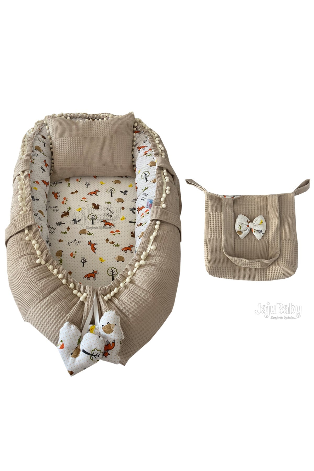 Jaju Baby Pike Kumaş ve Müslin Kumaş Tilki Tasarım Ponponlu 3'lü Babynest Set