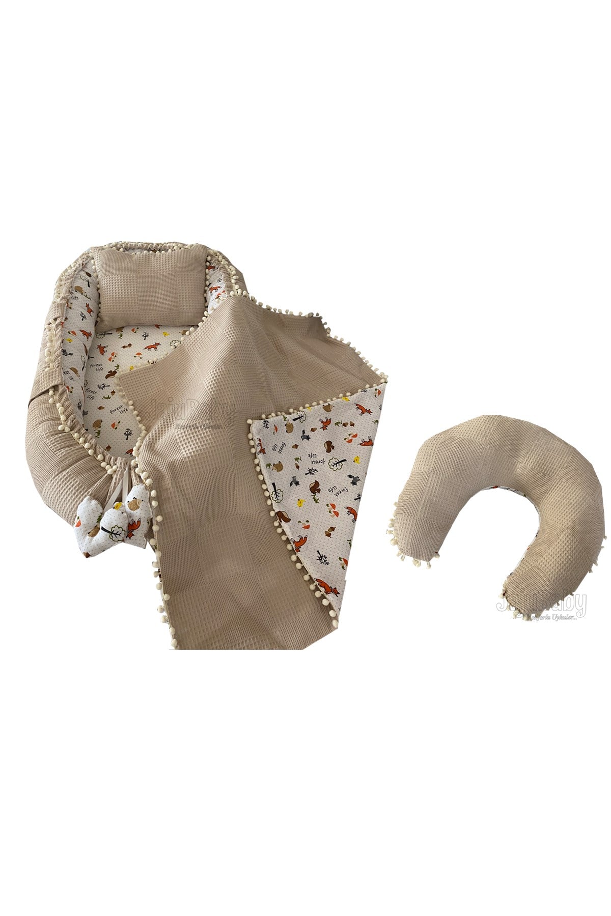 Jaju Baby Pike Kumaş ve Müslin Kumaş Tilki Tasarım Ponponlu 4'lü Babynest Set