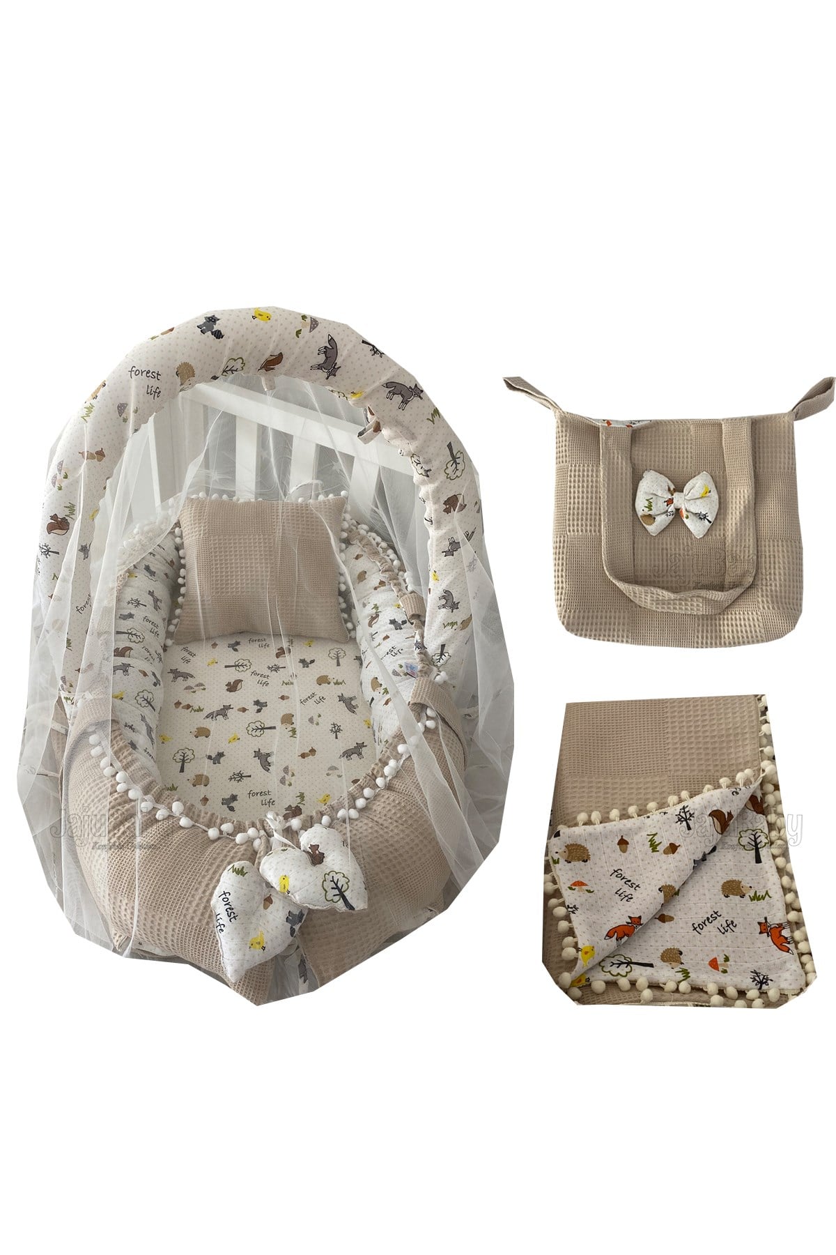 Jaju Baby Pike Kumaş ve Müslin Kumaş Tilki Tasarım Ponponlu Oyuncak Aparat ve Tül Babynest Yorgan ve Çanta 6'lı Set