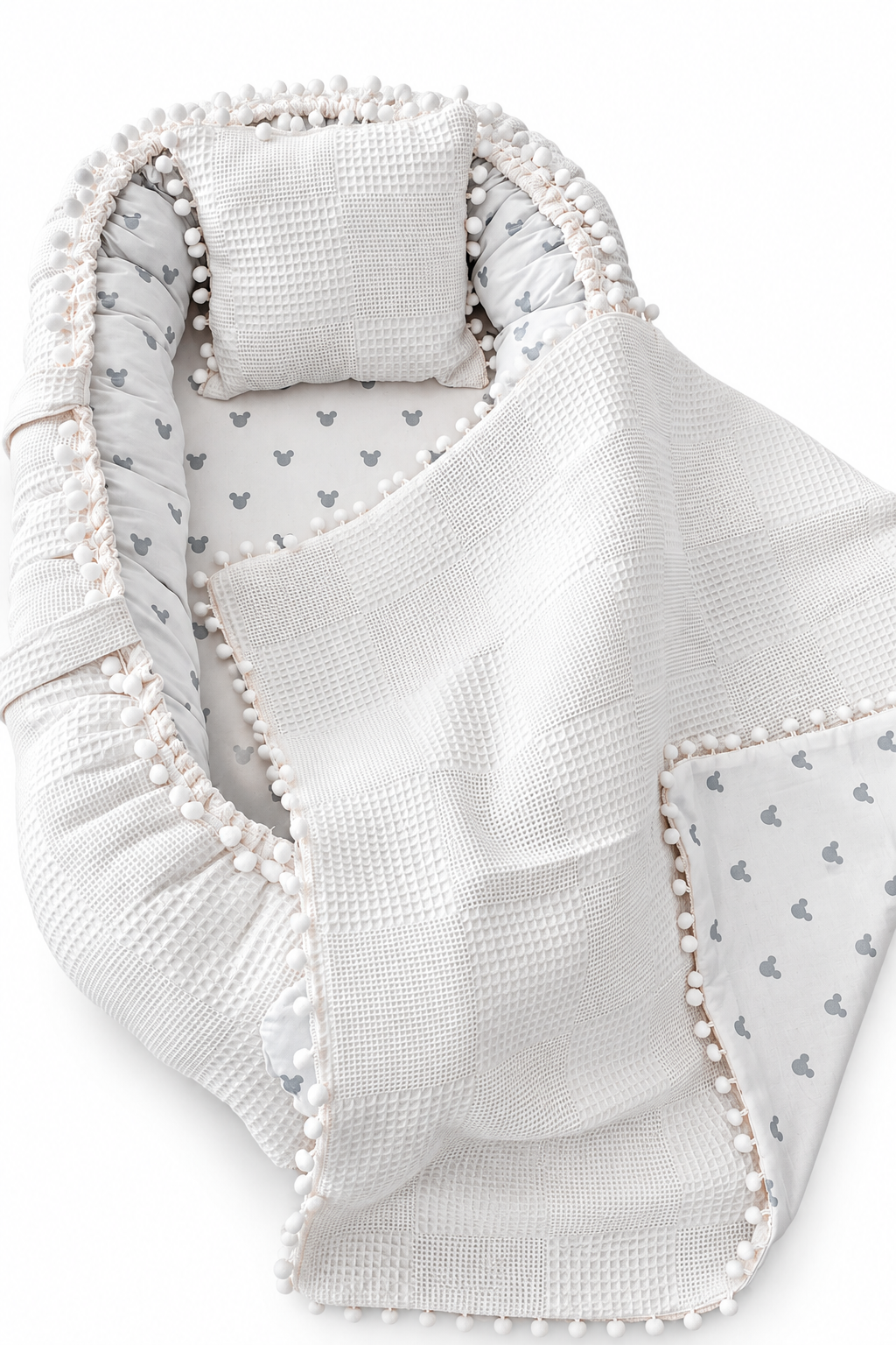 Jaju Baby Pike Kumaş ve Poplin Kumaş Micky Tasarım Ponponlu 3'lü Babynest Set