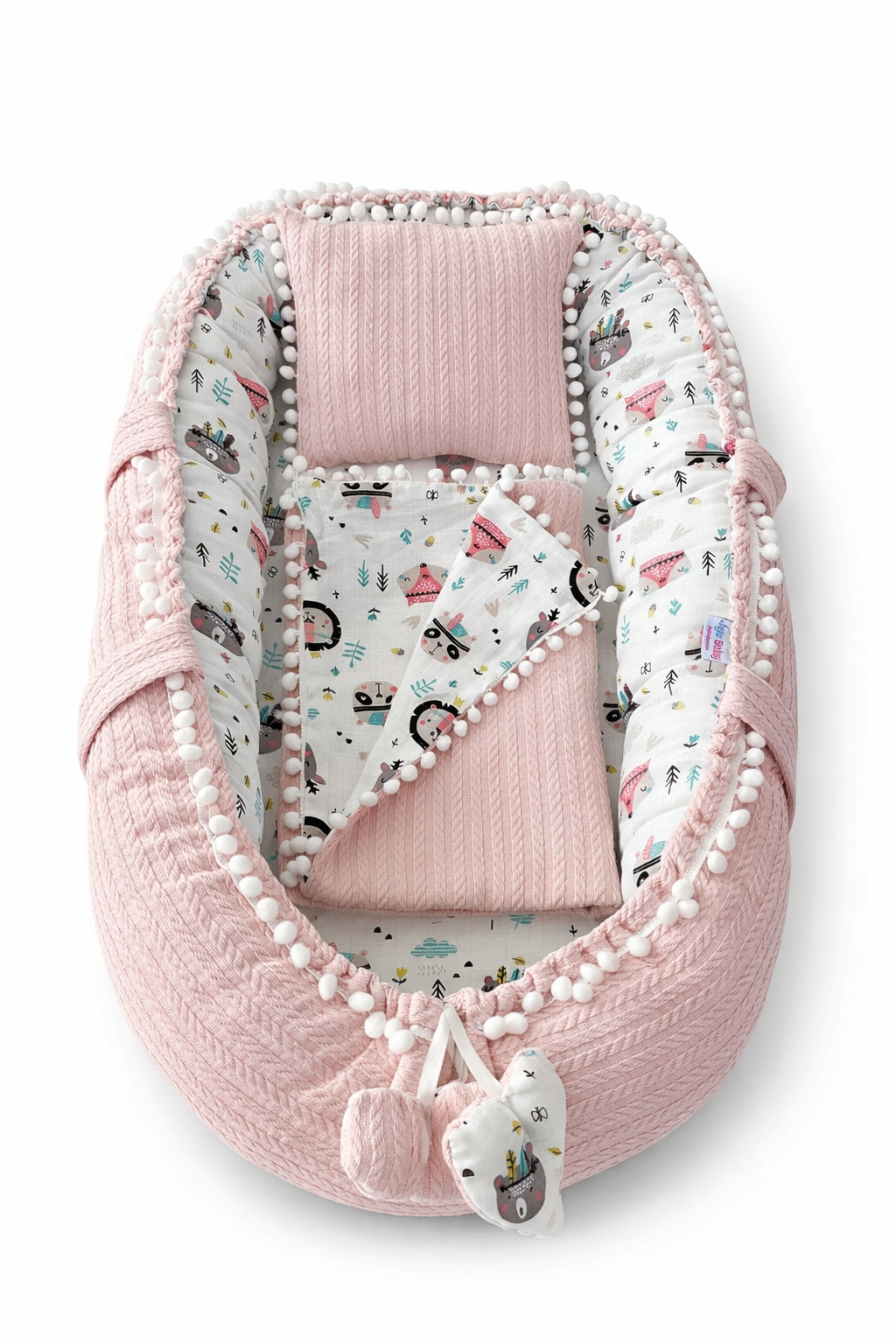 Jaju Baby Pudra Örgü Pike Kumaş ve Müslin Kumaş Ponponlu 3'lü Babynest Set