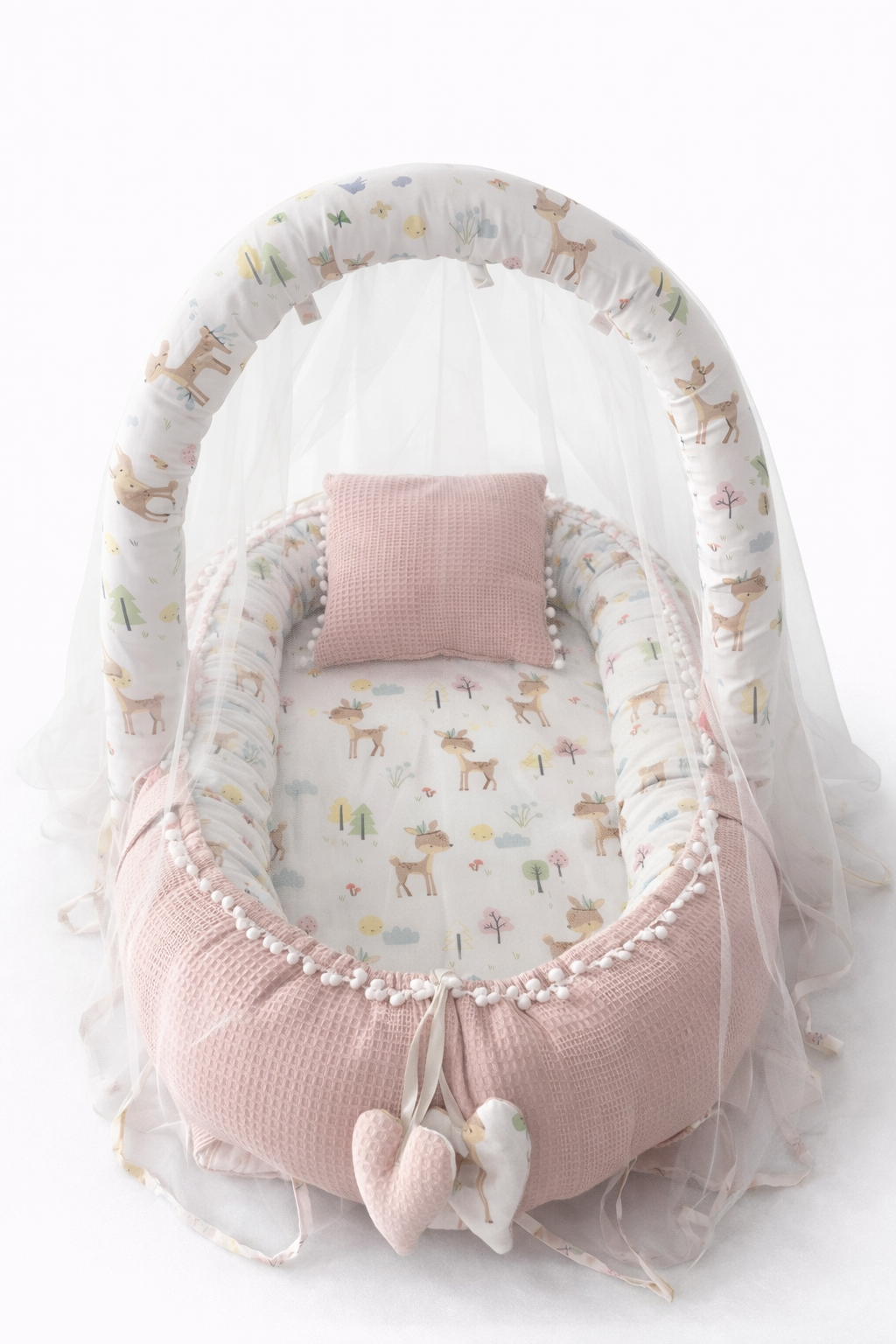 Jaju Baby Pudra Waffle Pike Kumaş Poplin Kumaş Ponponlu Babynest Oyuncak Aparat ve Tül Set