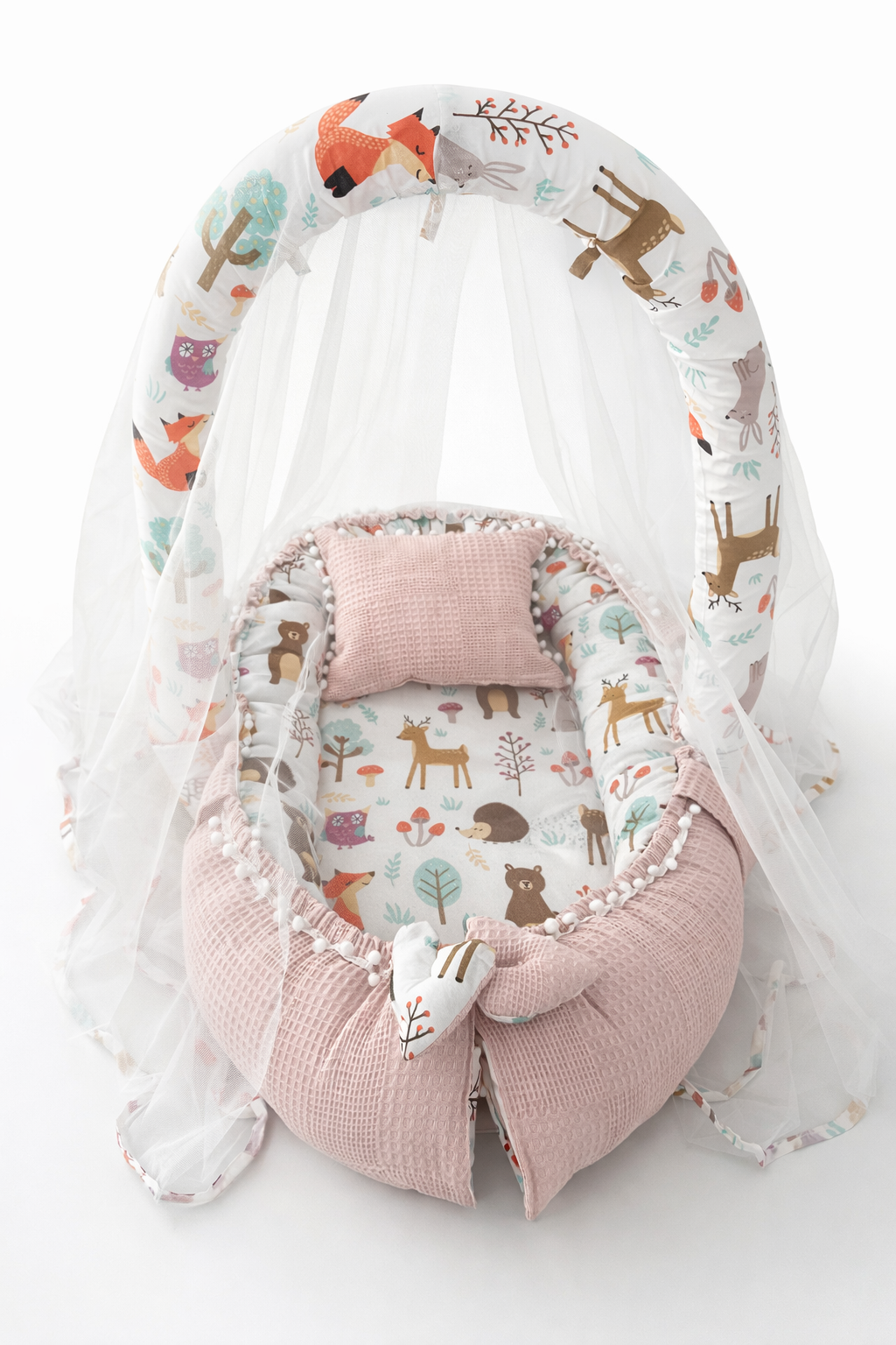 Jaju Baby Pudra Waffle Pike Kumaş Sevimli Orman Tasarım Ponponlu Oyuncak Aparat ve Tül Babynest Set 