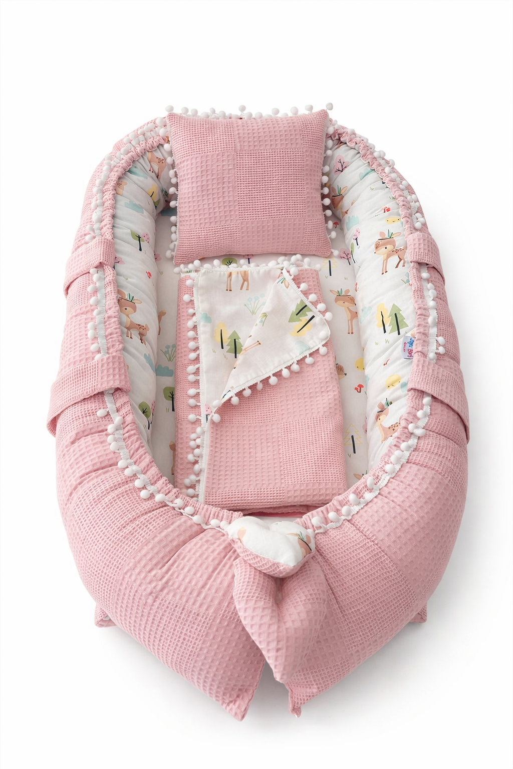 Jaju Baby Pudra Wafle Pike Kumaş Ceylan Tasarım Ponponlu 3'lü Babynest Set
