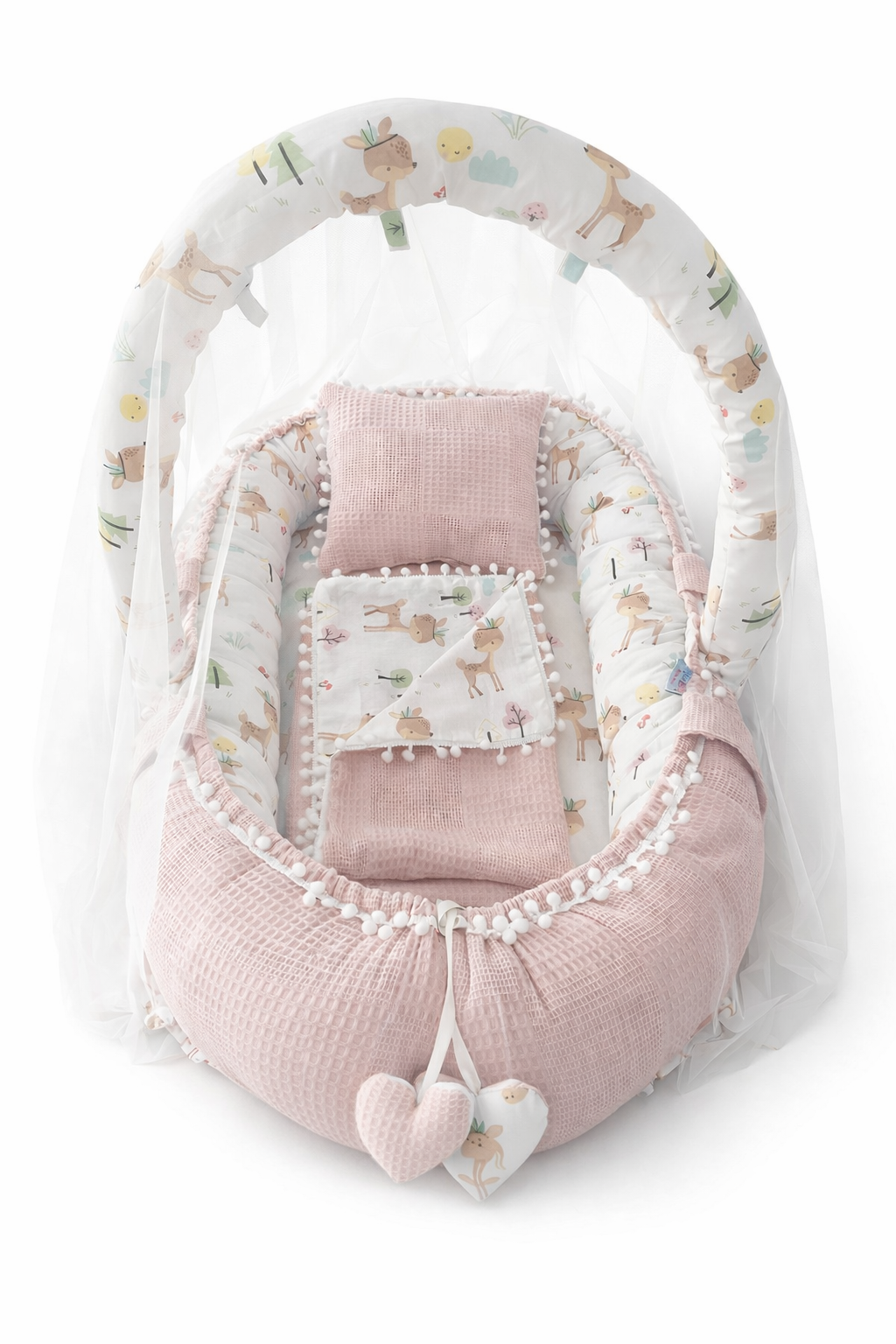 Jaju Baby Pudra Wafle Pike Kumaş Poplin Kumaş Ponponlu Babynest ve Yorgan Oyuncak Aparat ve Tül Set