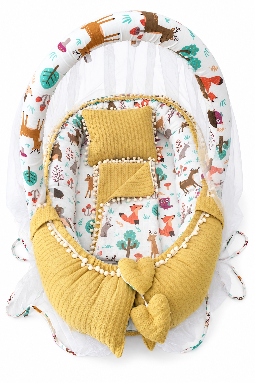 Jaju Baby Sarı Örgü Pike Kumaş ve Orman Müslin Kumaş Ponponlu Babynest ve Yorgan Oyuncak Aparat ve Tül Set