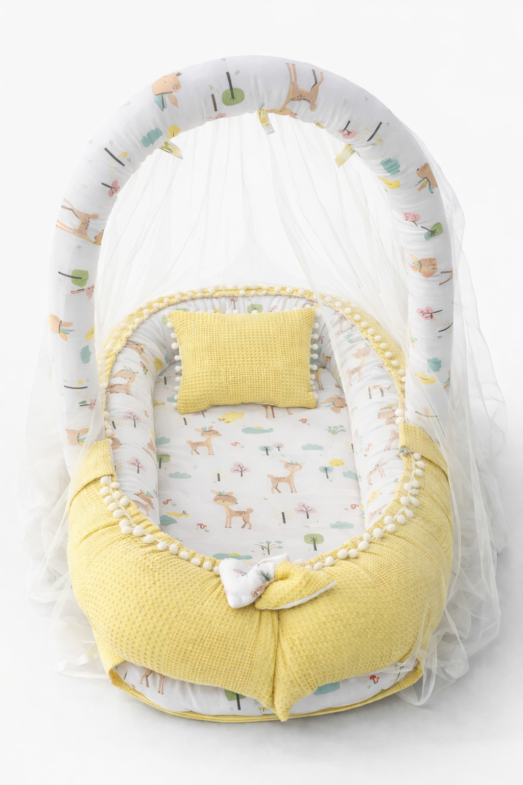 Jaju Baby Sarı Waffle Pike Kumaş Ceylan Tasarım Ponponlu Babynest Oyuncak Aparat ve Tül Set