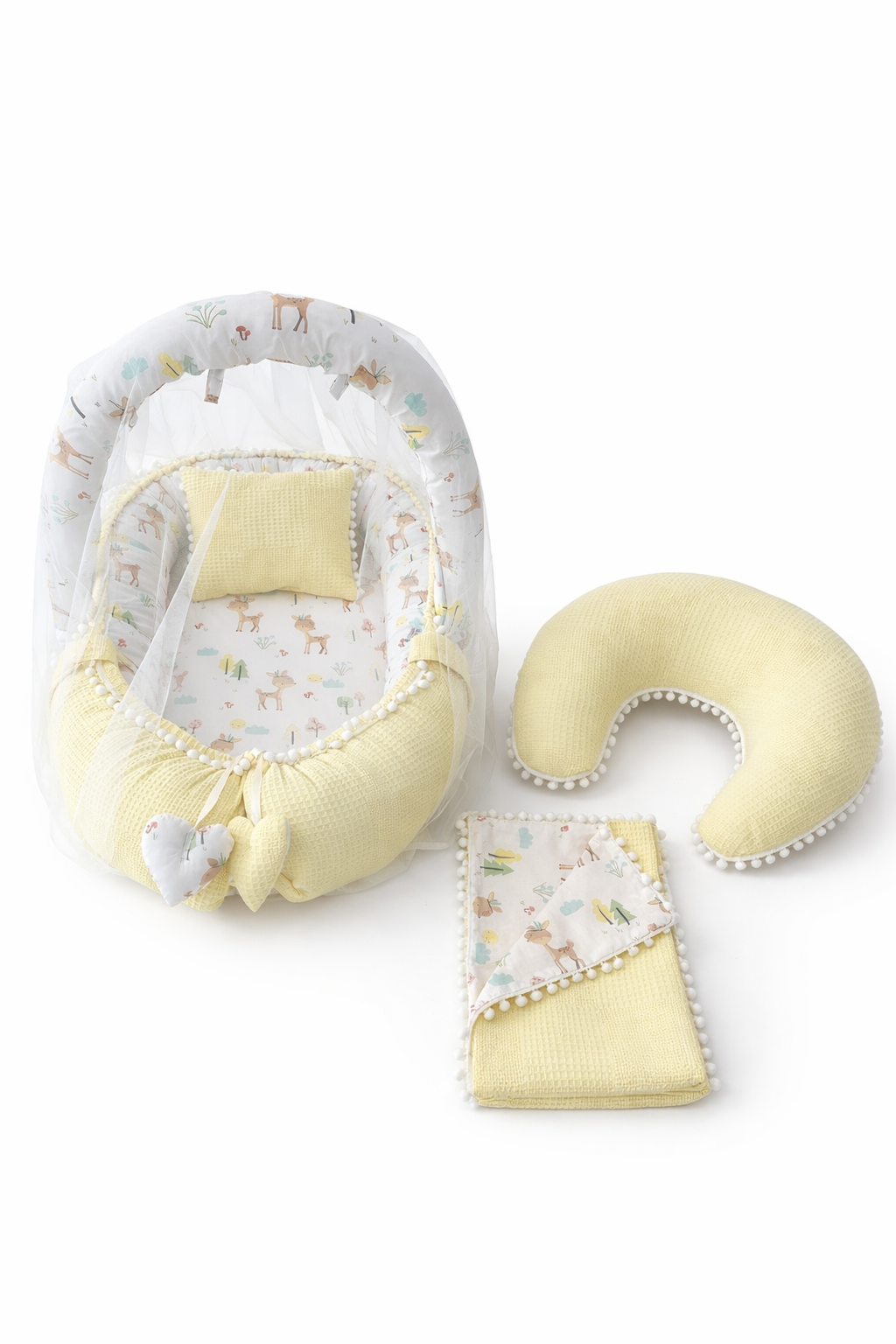 Jaju Baby Sarı Wafle Pike Kumaş Ceylan Tasarım Ponponlu Ponponlu 6 Parça Babynest Set