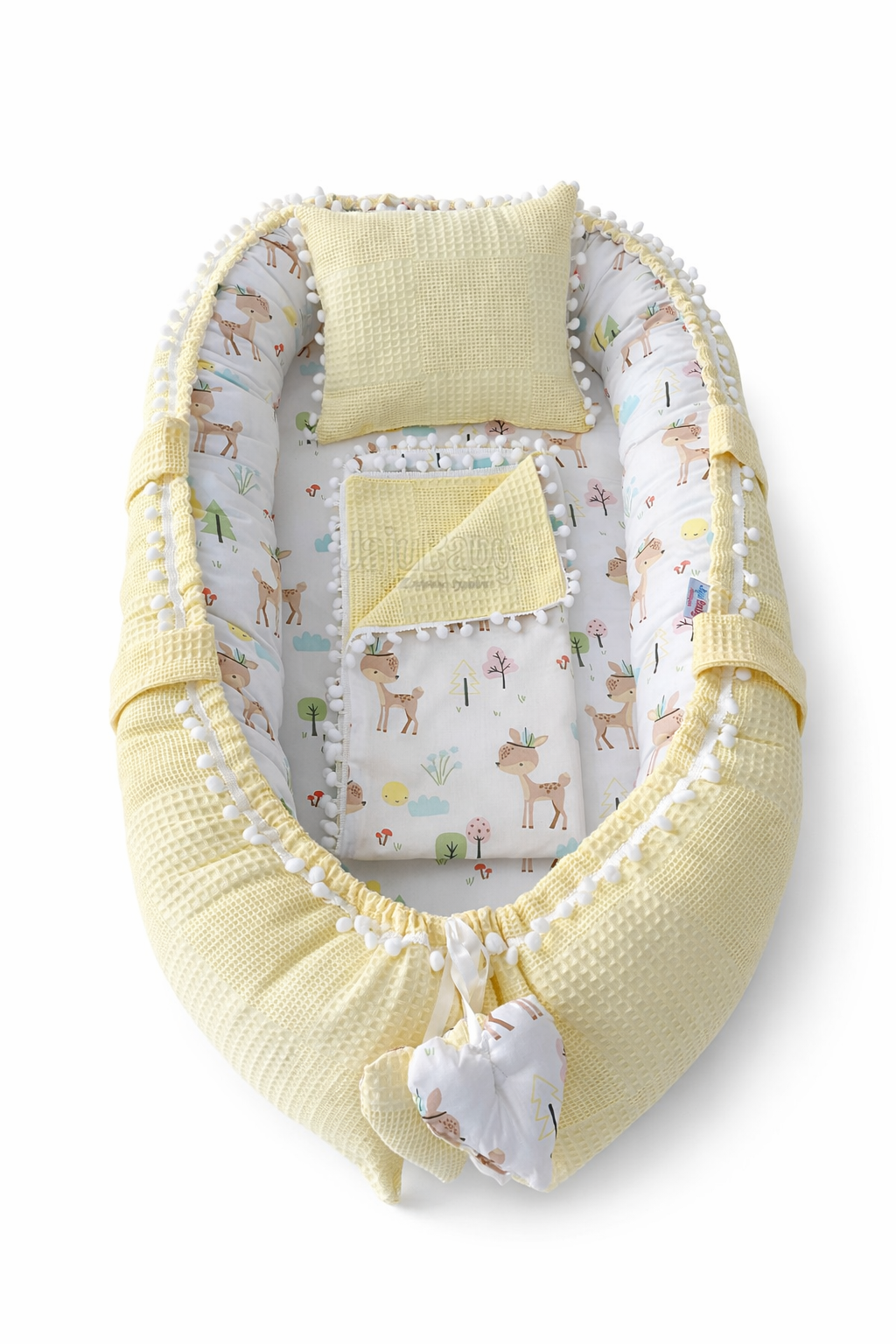 Jaju Baby Sarı Wafle Pike Kumaş Ceylan Tasarım Ponponlu 3'lü Babynest Set