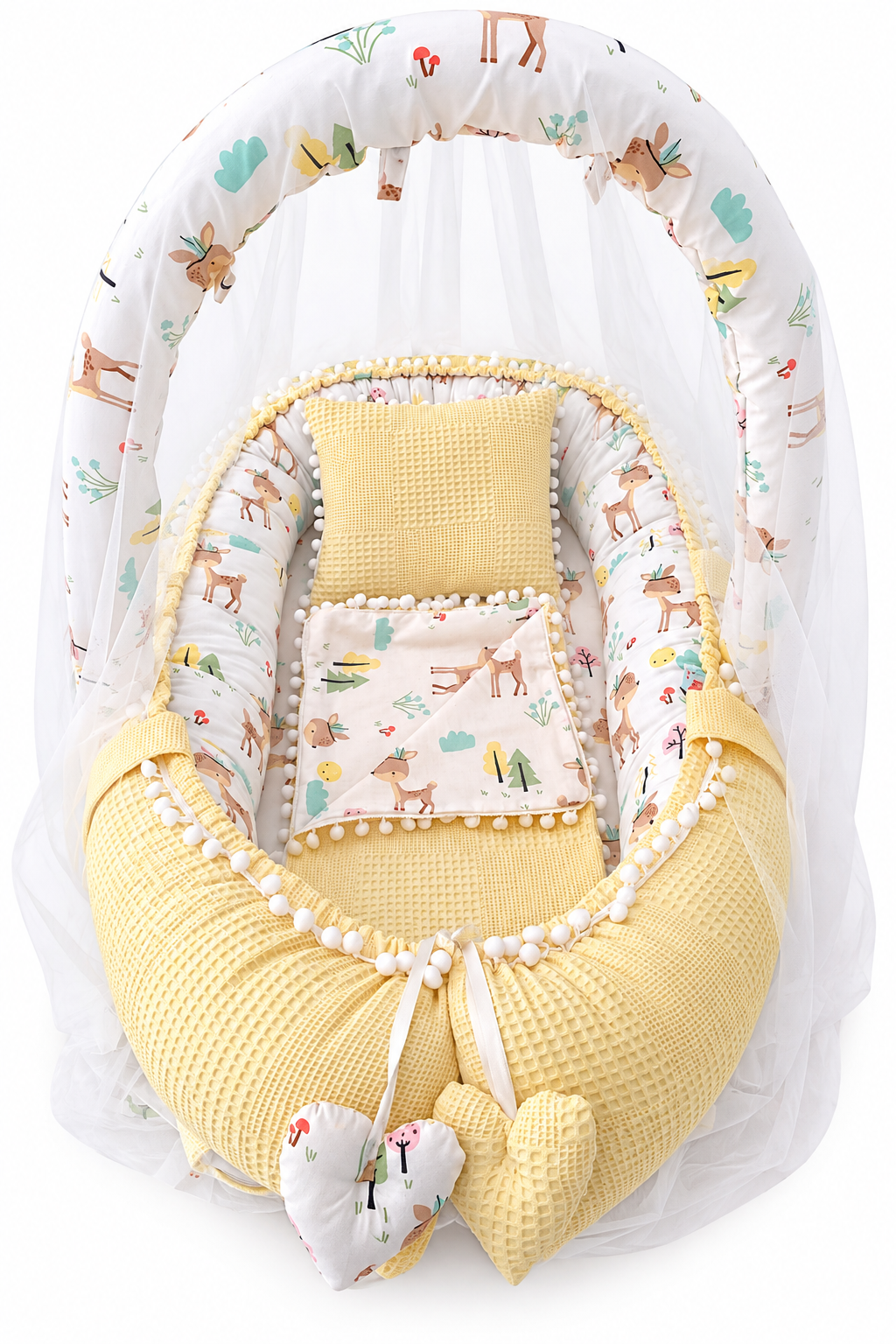 Jaju Baby Sarı Wafle Pike Kumaş Ceylan Tasarım Ponponlu Babynest ve Yorgan Oyuncak Aparat ve Tül Set