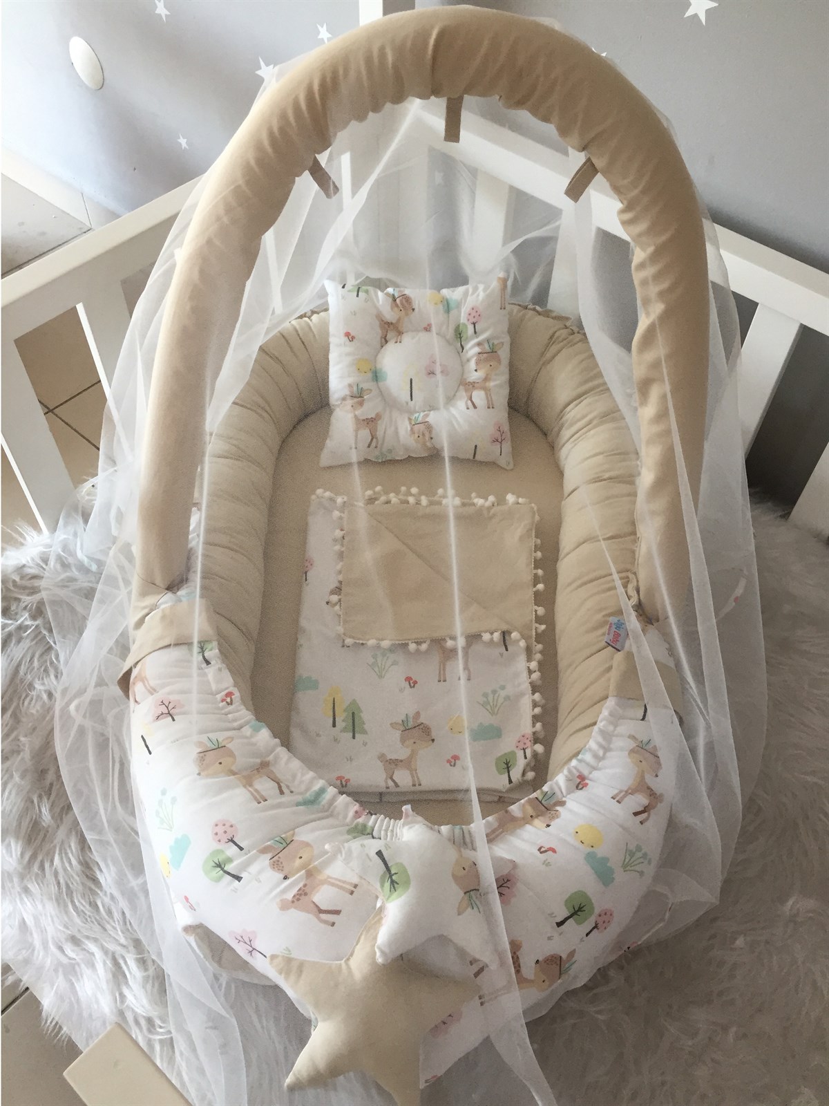 Jaju Baby Sevimli Ceylan Cibinlik ve Oyuncak Askılı Lüx Tasarım Babynest Set