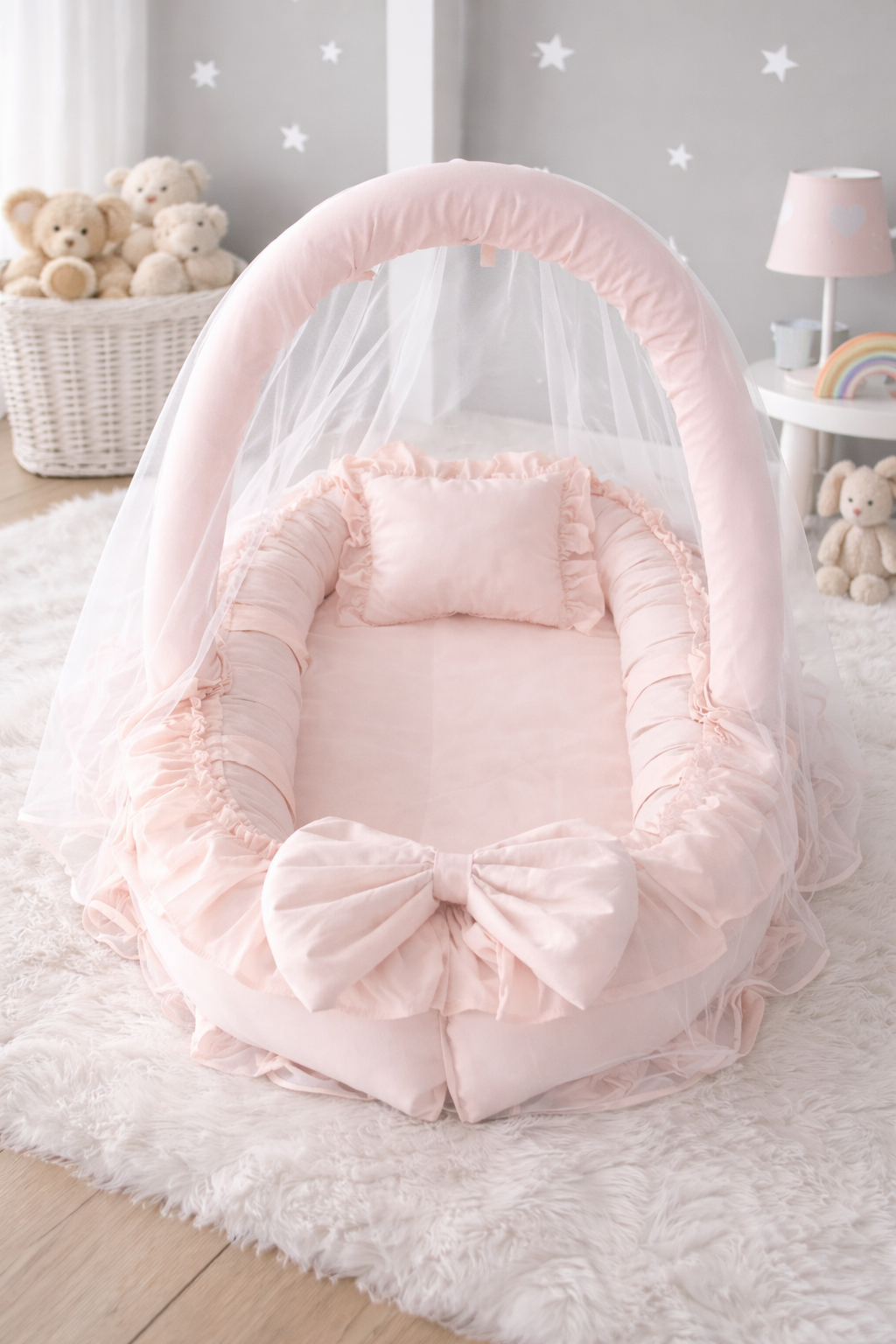 Jaju Baby Somon Cibinlik ve Oyuncak Askılı Lüx Tasarım Fırfırlı Babynest