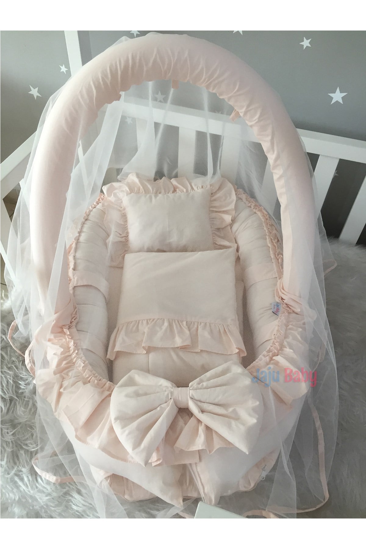 Jaju Baby Somon Cibinlik ve Oyuncak Askılı Lüx Tasarım Fırfırlı Babynest Set