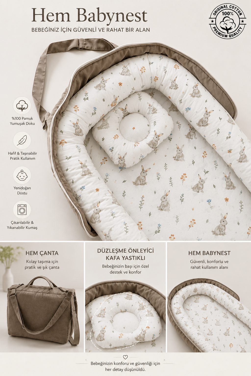 Jaju Baby Tavşan Çantalı Babynest Bebek Çantası Taşınabilir Anne Yanı Yatağı