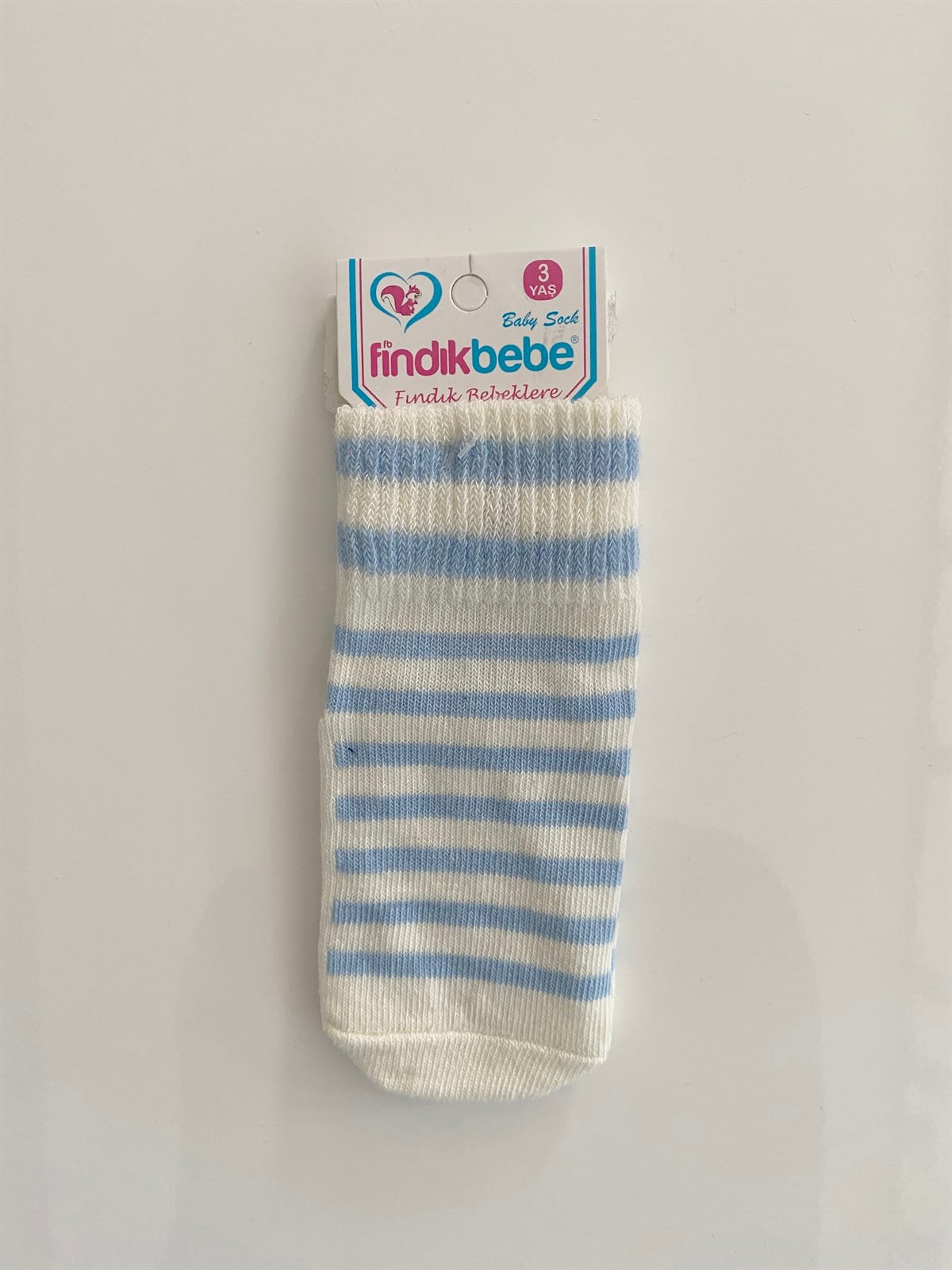 Jaju Baby Tekli Mavi Beyaz Çizgili Ayak İzi Desenli 3 Yaş Erkek Çorap