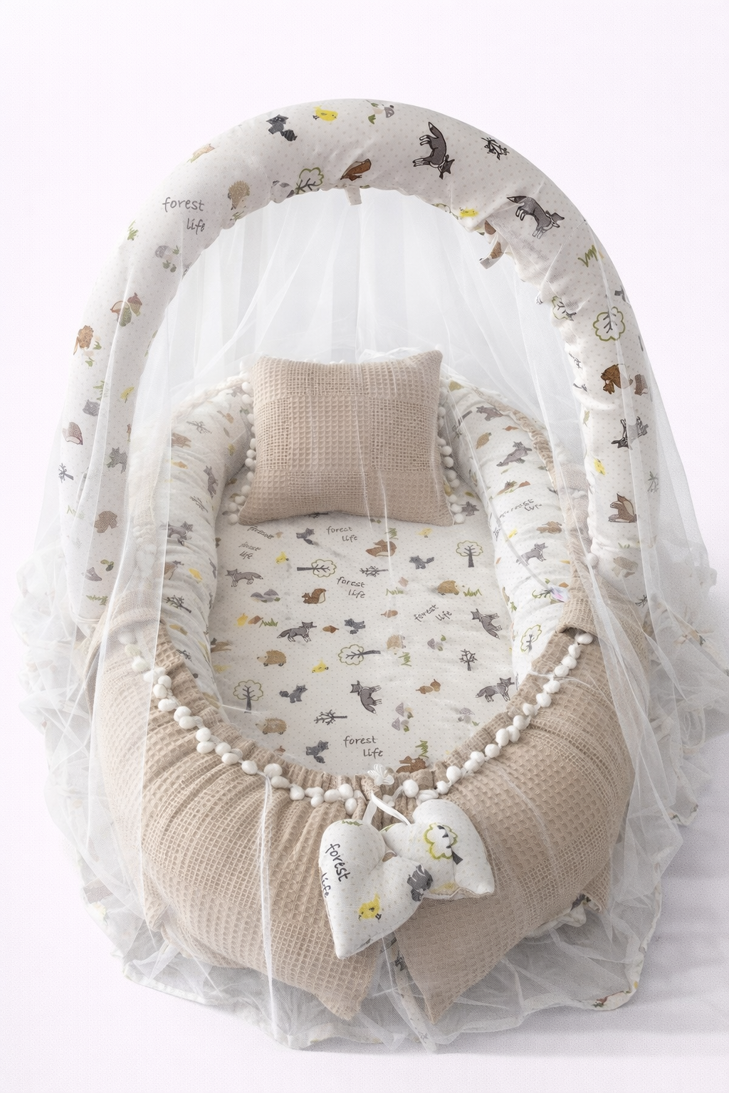 Jaju Baby Waffle Pike Kumaş ve Müslin Kumaş Ponponlu Babynest Oyuncak Aparat ve Tül Set