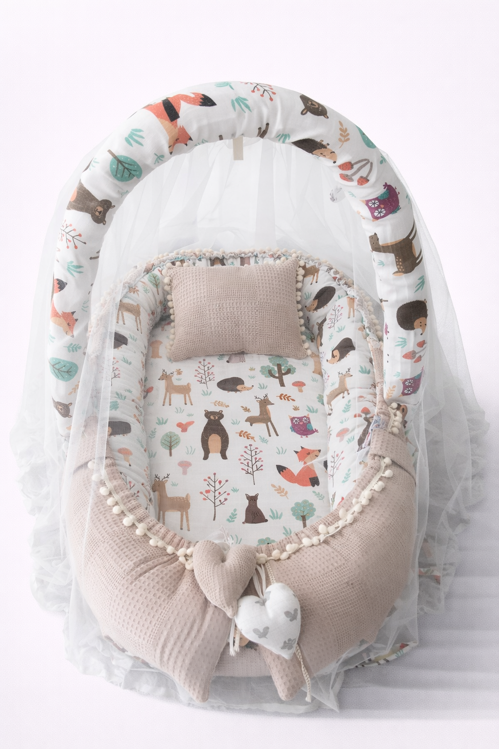 Jaju Baby Waffle Pike Kumaş ve Orman Kumaş Ponponlu Babynest Oyuncak Aparat ve Tül Set