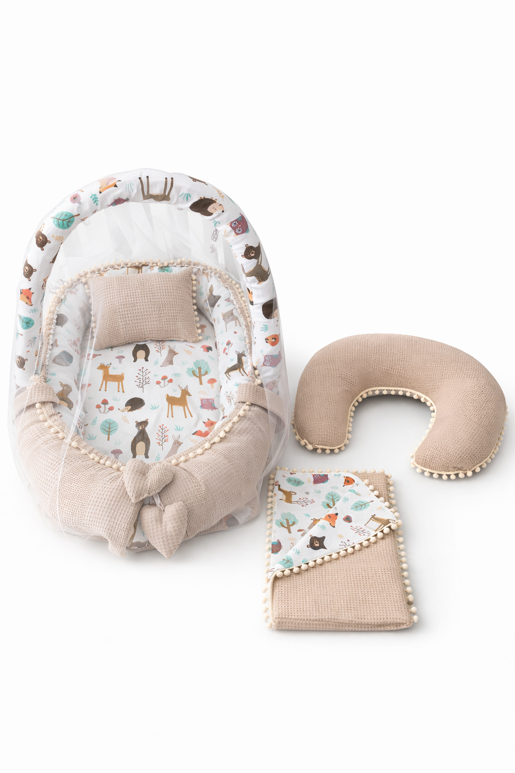 Jaju Baby Waffle Pike Kumaş ve Orman Müslin Kumaş Ponponlu 6 Parça Babynest Set