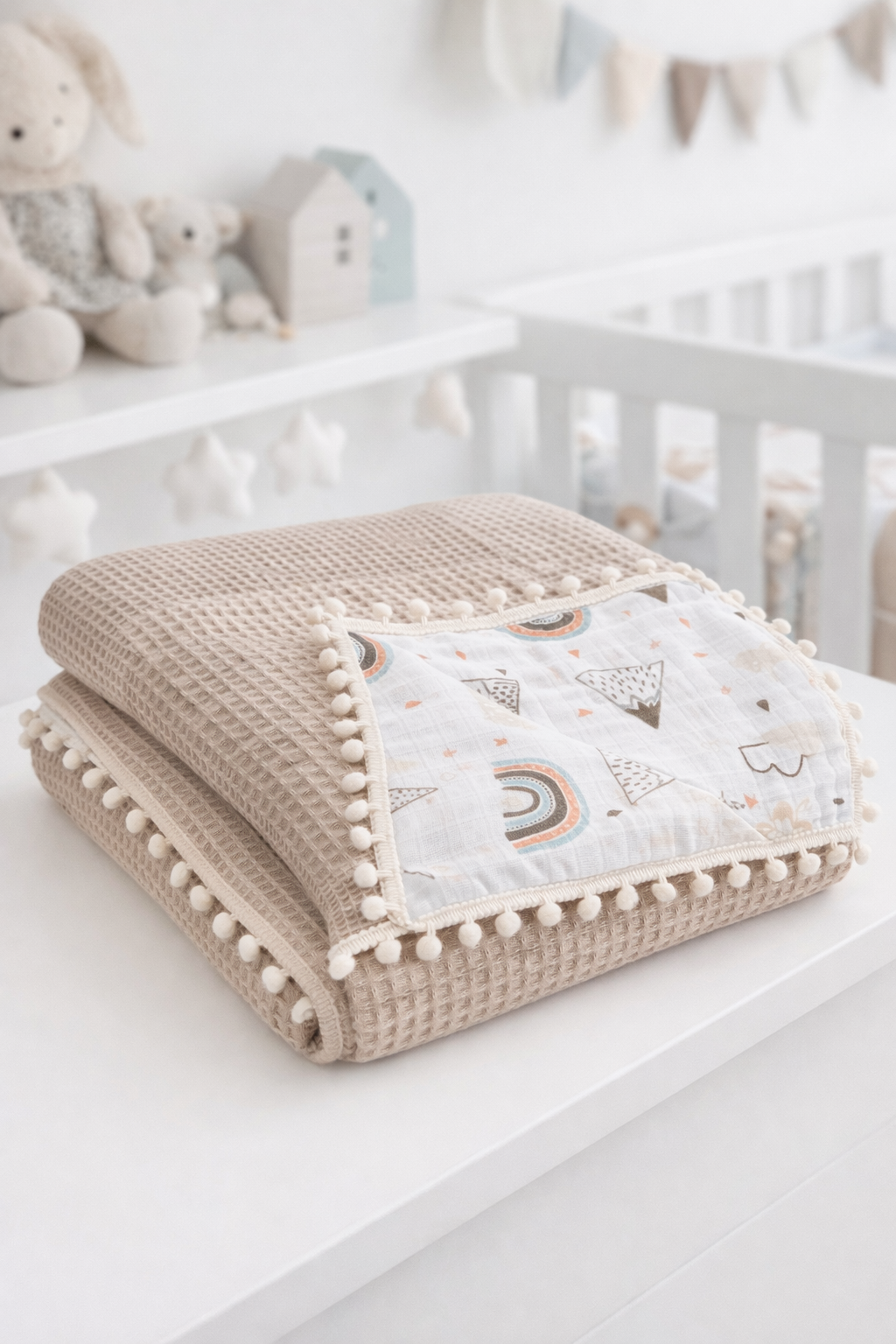 Jaju Baby Waffle Pike ve Müslin Ponponlu Battaniye Çok Amaçlı Battaniye 100x100 cm