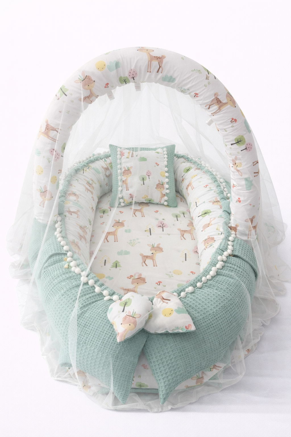 Jaju Baby Waffle Yeşil Pike Kumaş ve Poplin Kumaş Ponponlu Babynest Oyuncak Aparat ve Tül Set