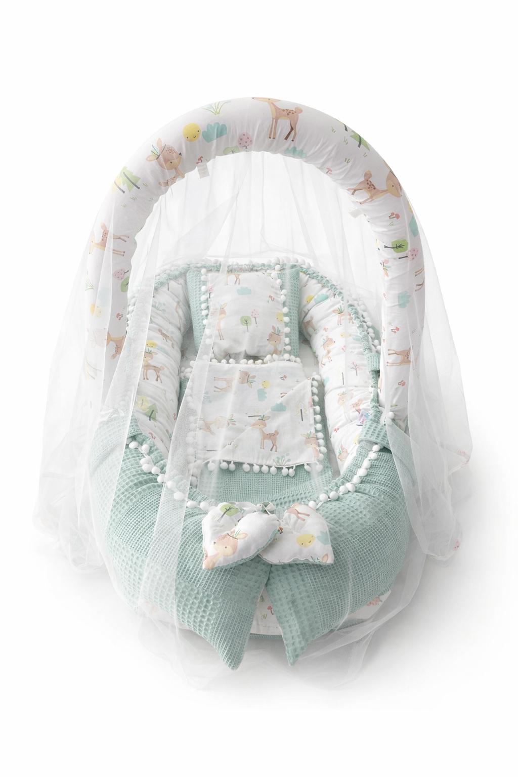 Jaju Baby Wafle Yeşil Pike Kumaş Poplin Kumaş Ponponlu Babynest ve Yorgan Oyuncak Aparat ve Tül Set
