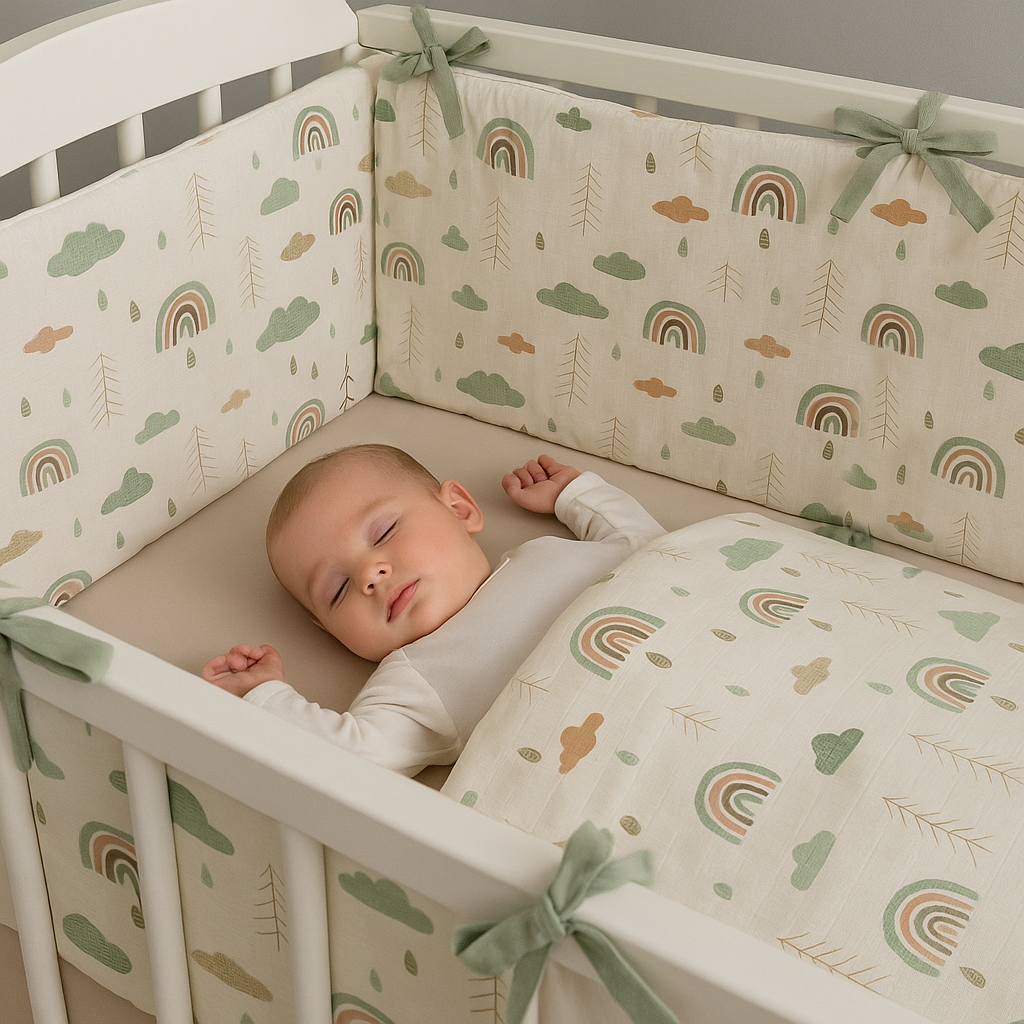 Jaju Baby Yeşil Bulut Desenli Bebek Nevresim Takımı ve Kenar Koruma