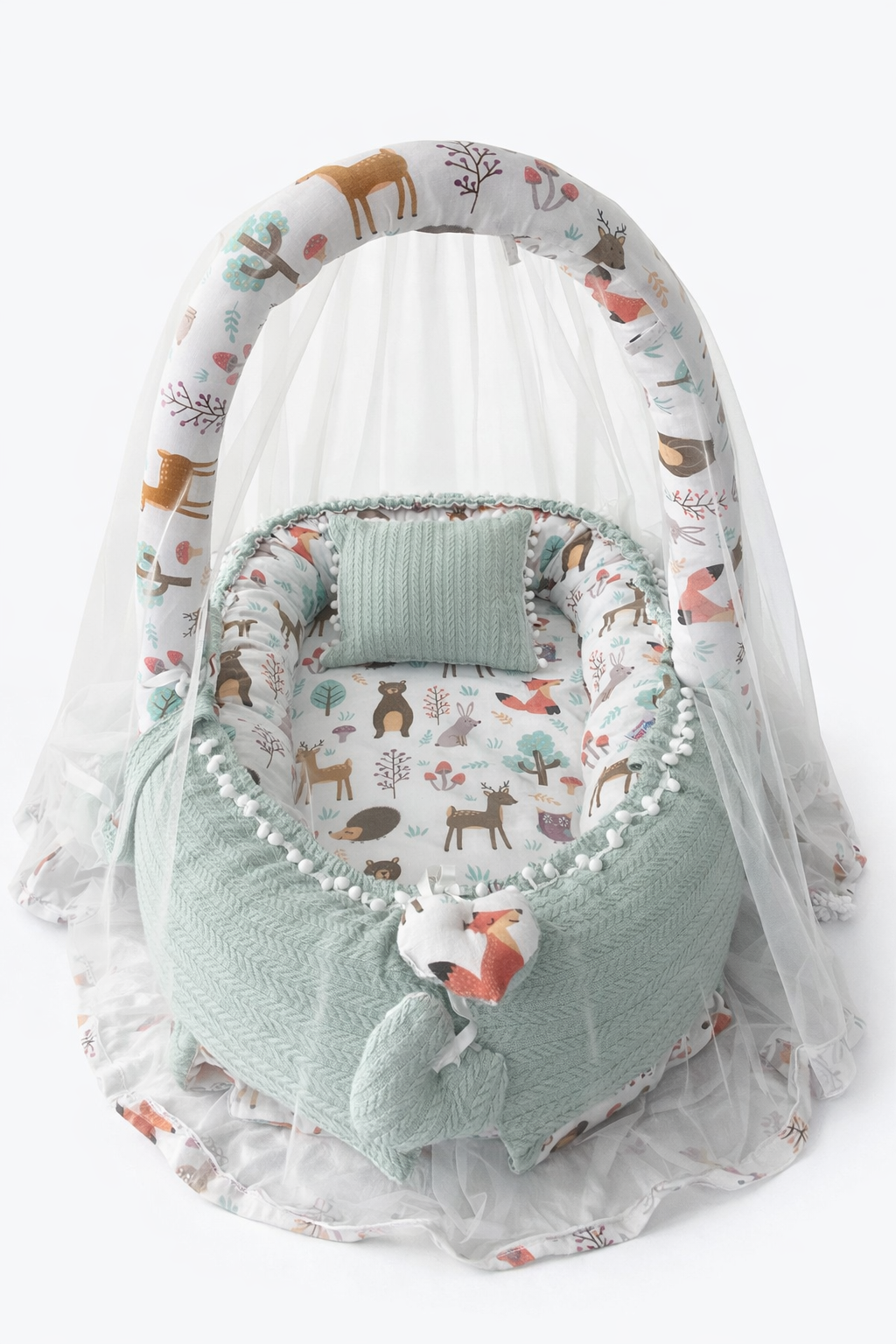 Jaju Baby Yeşil Örgü Pike Kumaş ve Orman Kumaş Ponponlu Babynest Oyuncak Aparat ve Tül Set