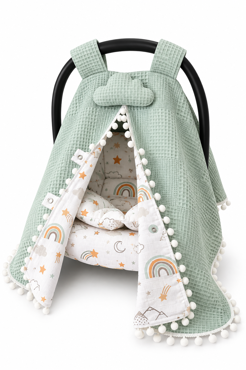 Jaju Baby Yeşil Pike Kumaş %100 Organik Puset Örtüsü ve Minderi Bulutlu