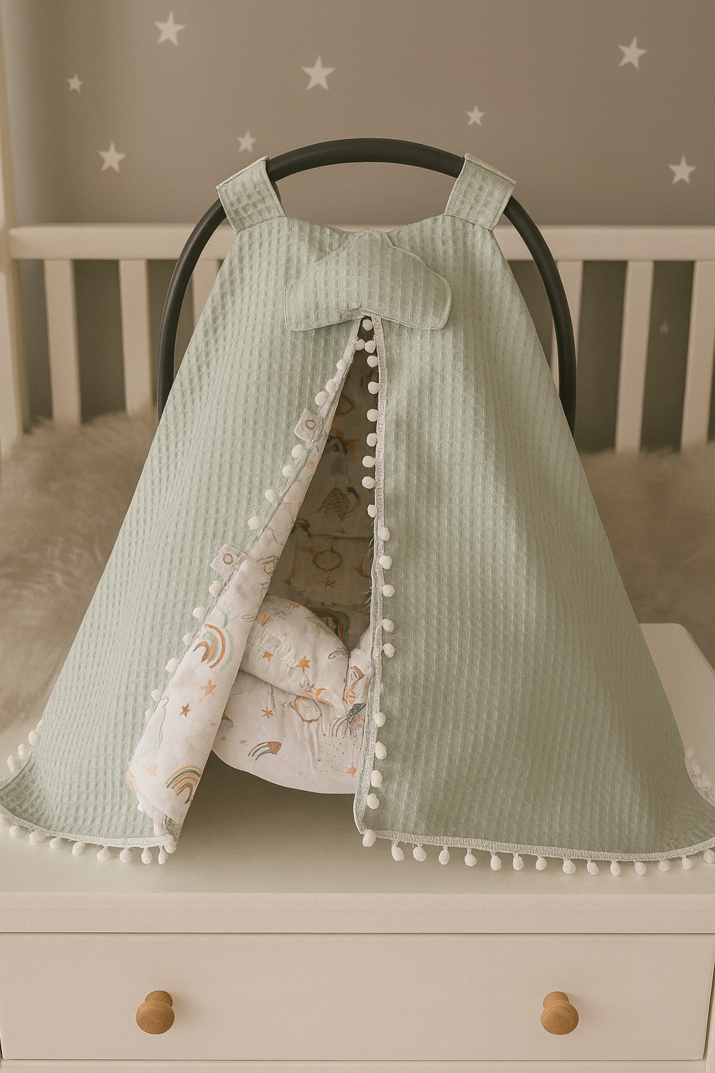 Jaju Baby Yeşil Pike Kumaş %100 Organik Puset Örtüsü ve Minderi Bulutlu