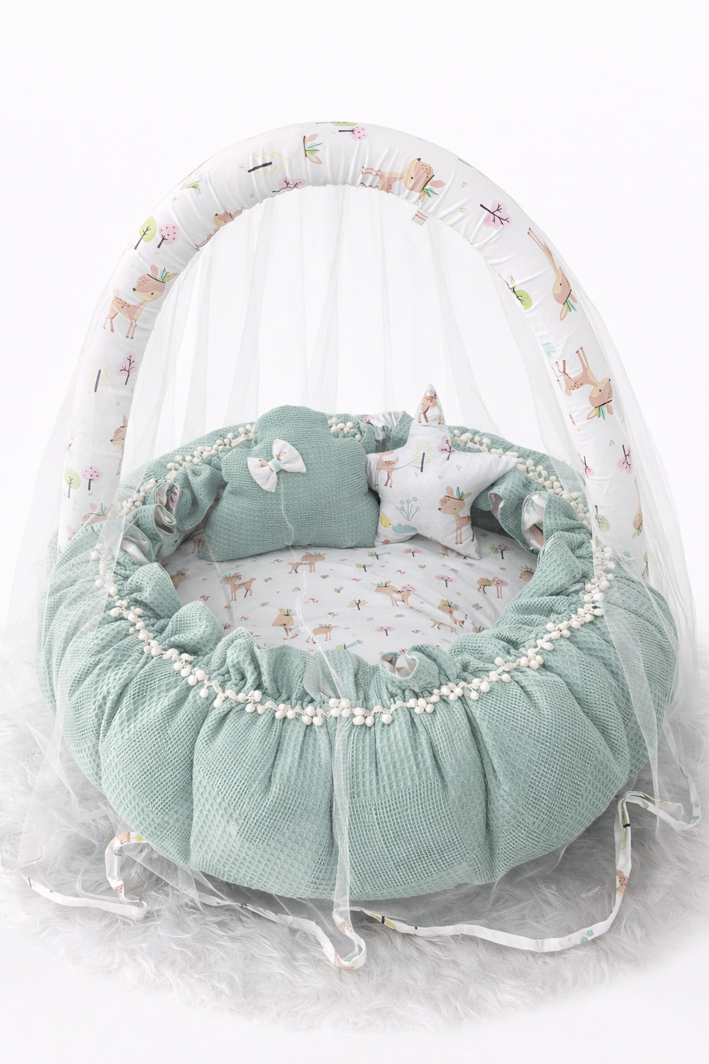 Jaju Baby Yeşil Pike Kumaş Ceylan Desen Kombinli Tasarım Açılır - Kapanır Oyun Minderi Cibinlik Aparatlı Babynest