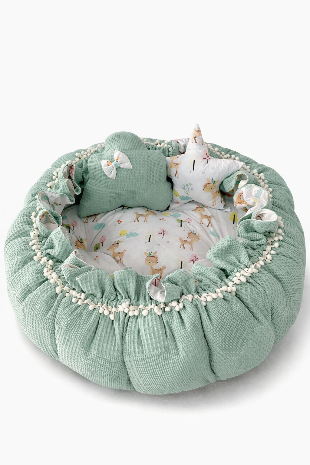 Jaju Baby Yeşil Pike Kumaş Ceylan Kumaş Kombinli Tasarım Açılır - Kapanır Oyun Minderi Bebek Yuvası