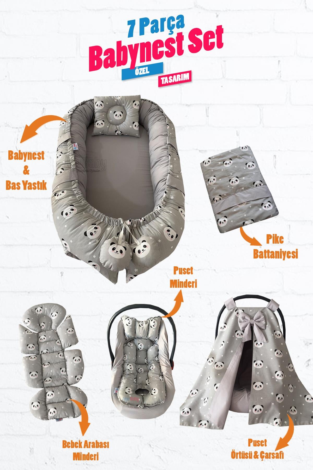 Jaju Babynest 7 Parça Panda Set Lüx Tasarım %100 Pamuk Anne Yanı Yatak