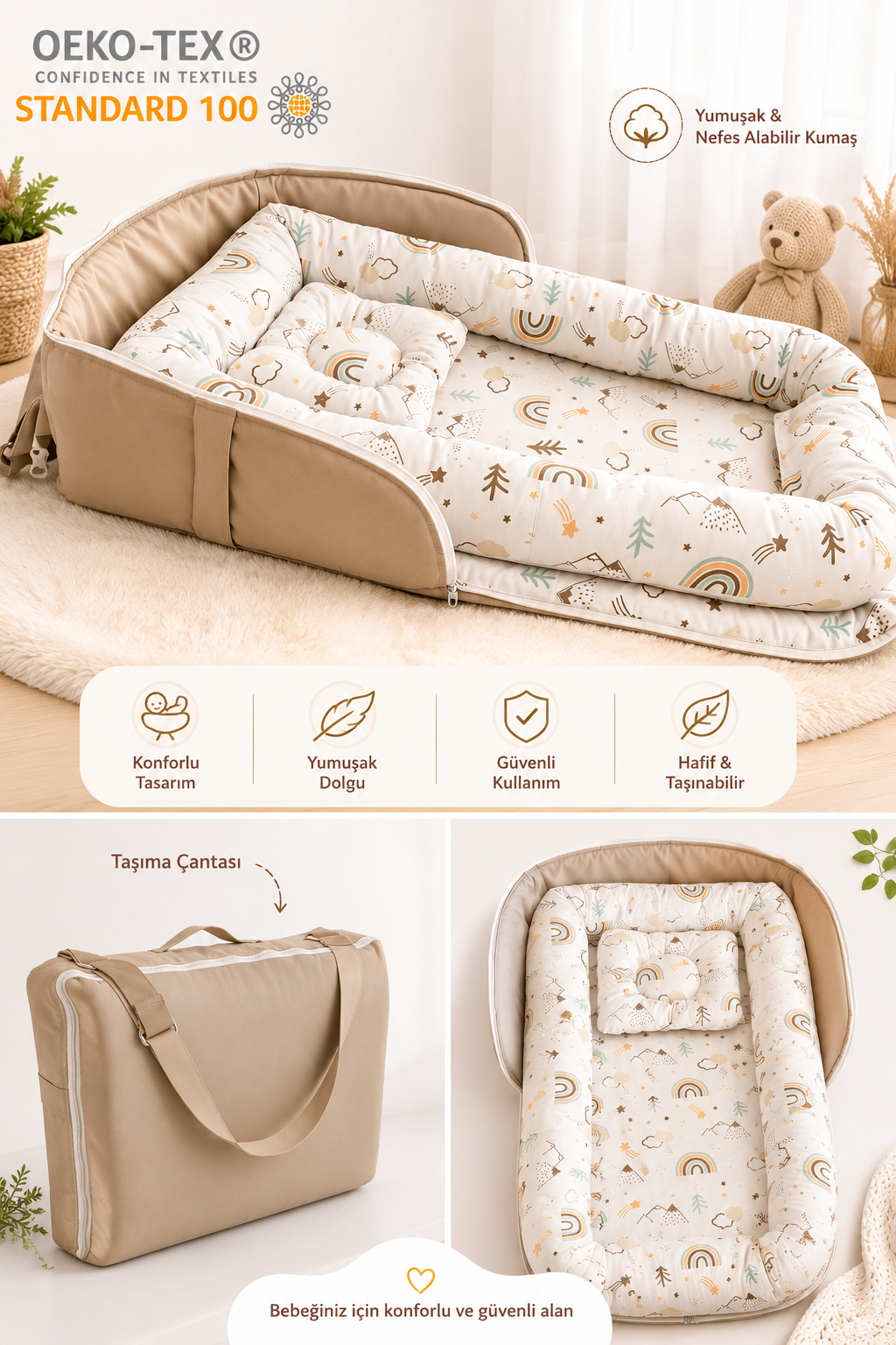 Jaju Babynest Dağ Desenli Çantalı Babynest Bebek Çantası Taşınabilir Anne Yanı Yatağı Seyahatte, Araçta, Otelde.