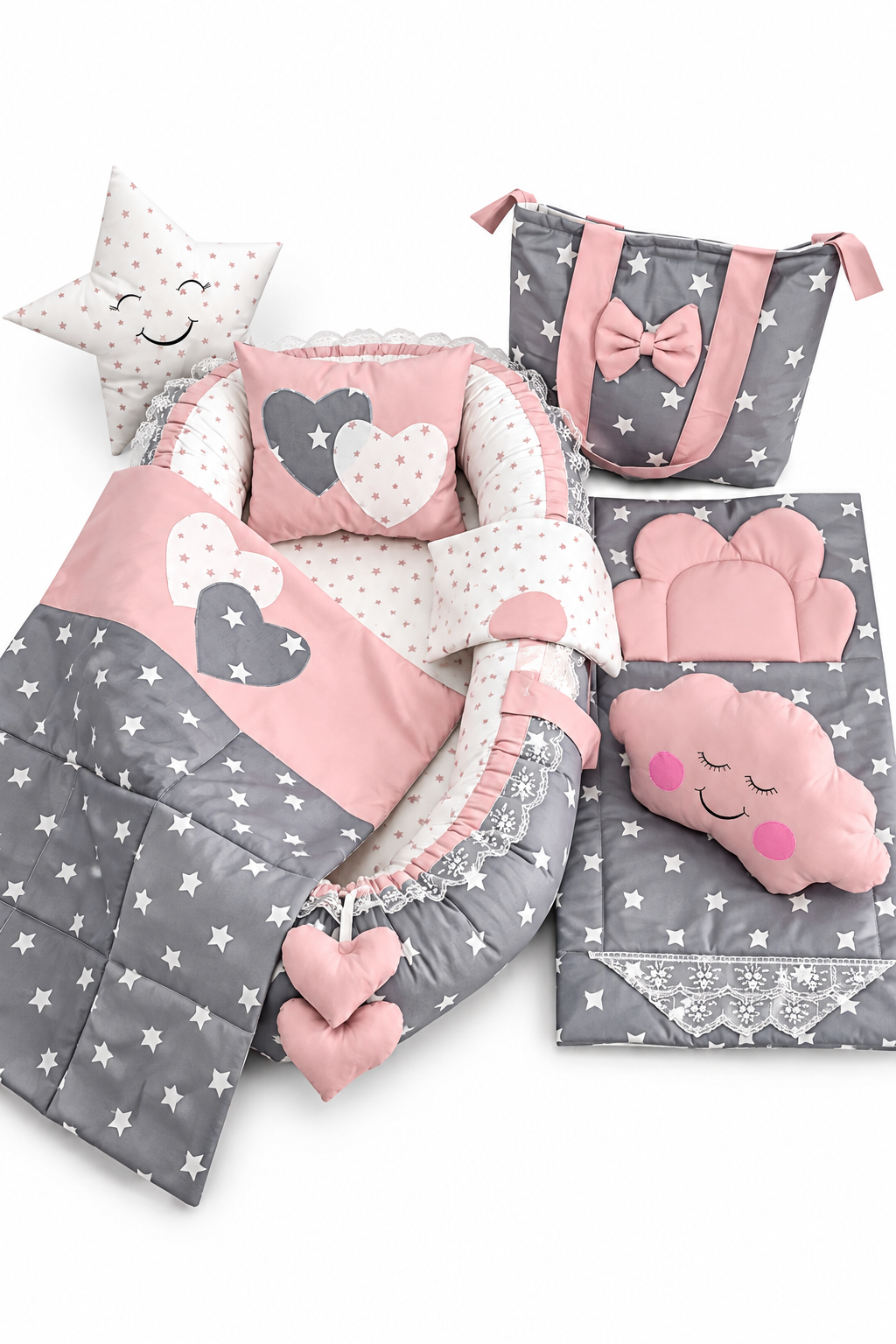 Jaju Babynest Gri Pudra Yıldızlı Ortopedik Lüx Baby Nest Bebek Yatağı