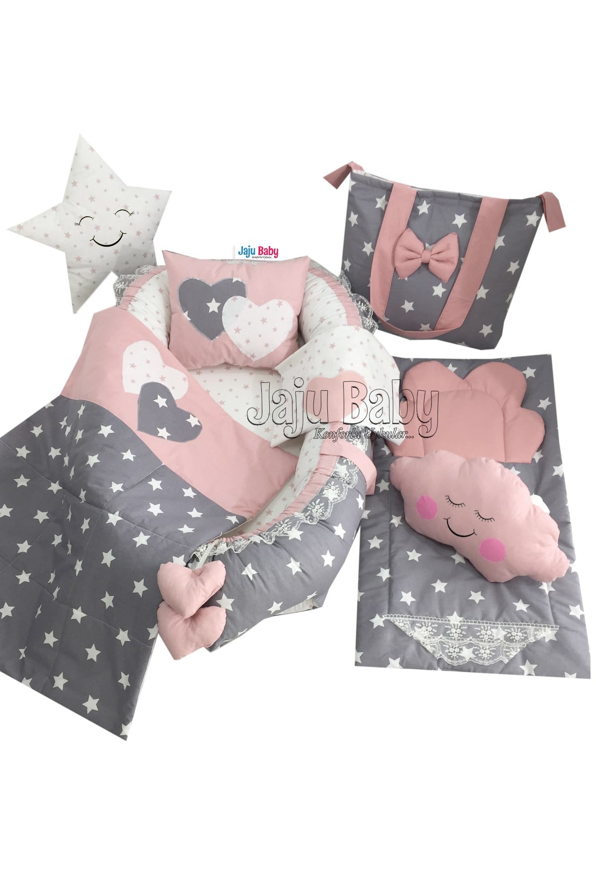 Jaju Babynest Gri Pudra Yıldızlı Ortopedik Lüx Baby Nest Bebek Yatağı