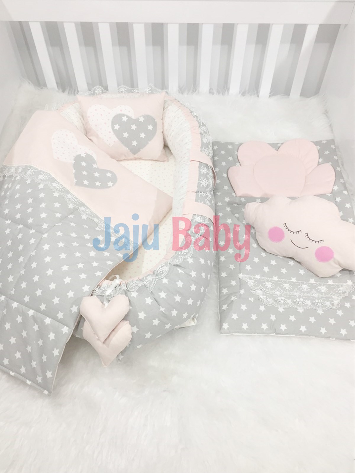 Jaju Babynest Gri Yıldızlı Altaçmalı Lüx Ortopedik Baby Nest Set