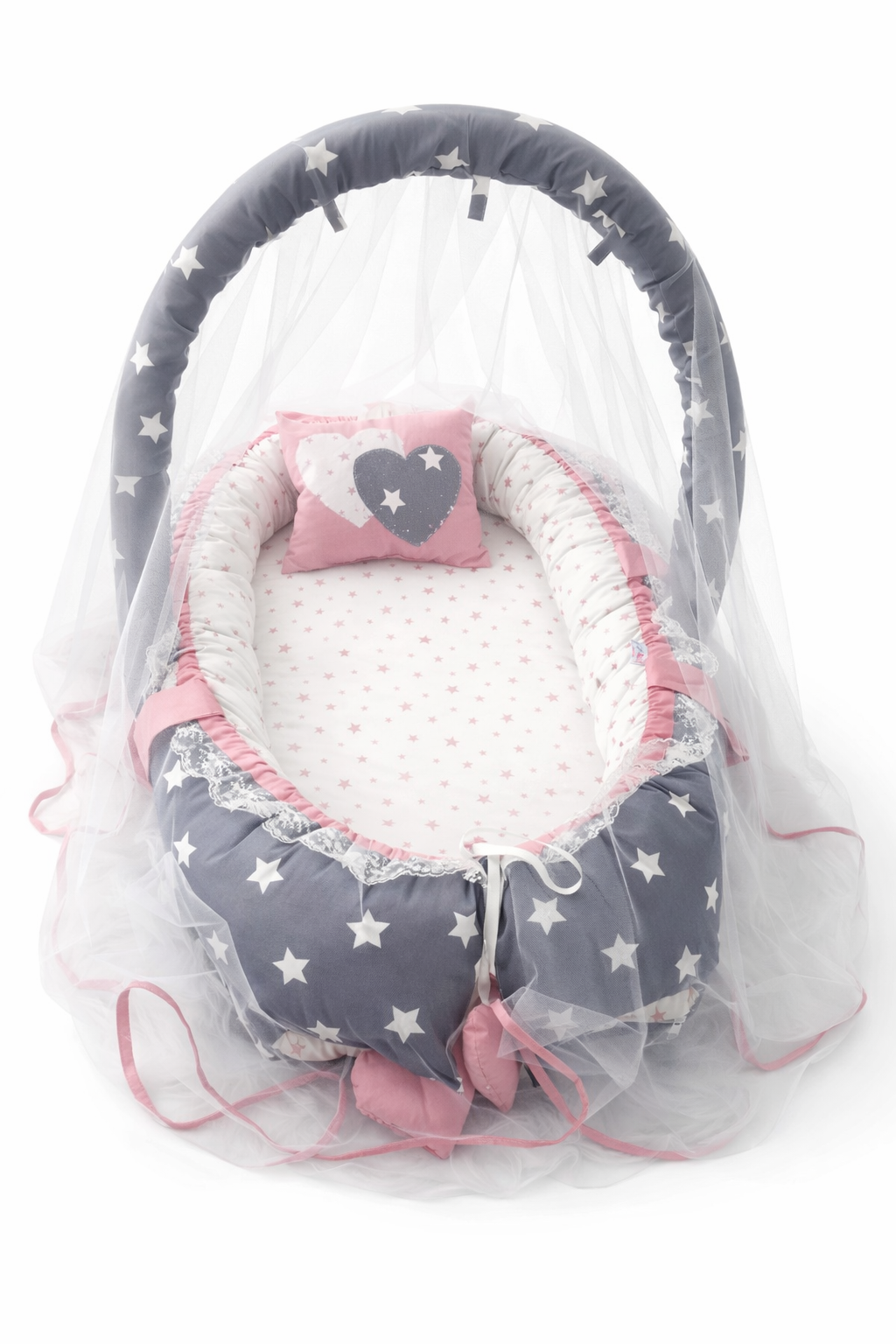 Jaju Babynest Gri Yıldızlı Cibinlik ve Oyuncak Askılı Lüx Tasarım Babynest