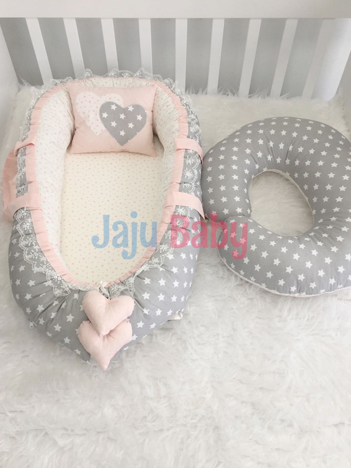 Jaju Babynest Gri Yıldızlı Lüx Ortopedik Baby Nest ve Emzirme Yastığı