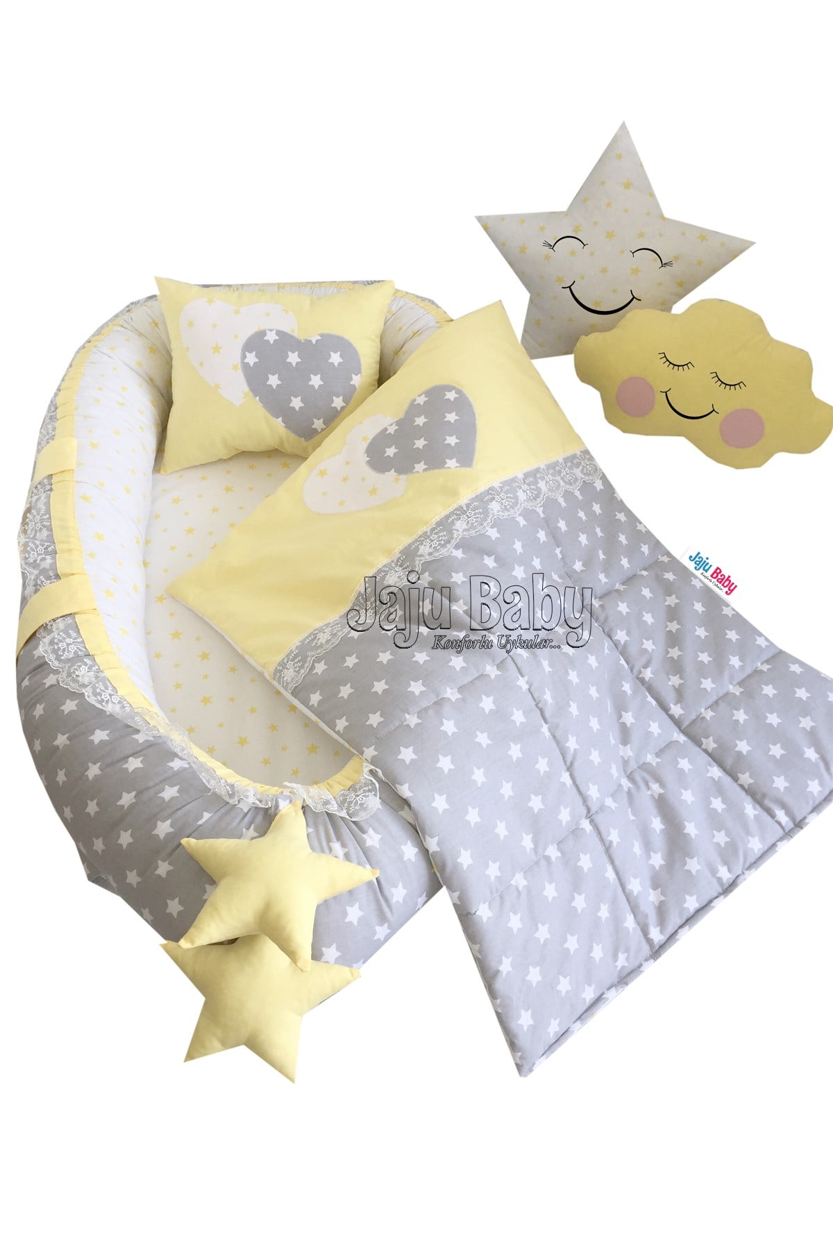 Jaju Babynest Gri Yıldızlı Sarı Kombin Lüx Ortopedik Babynest Set