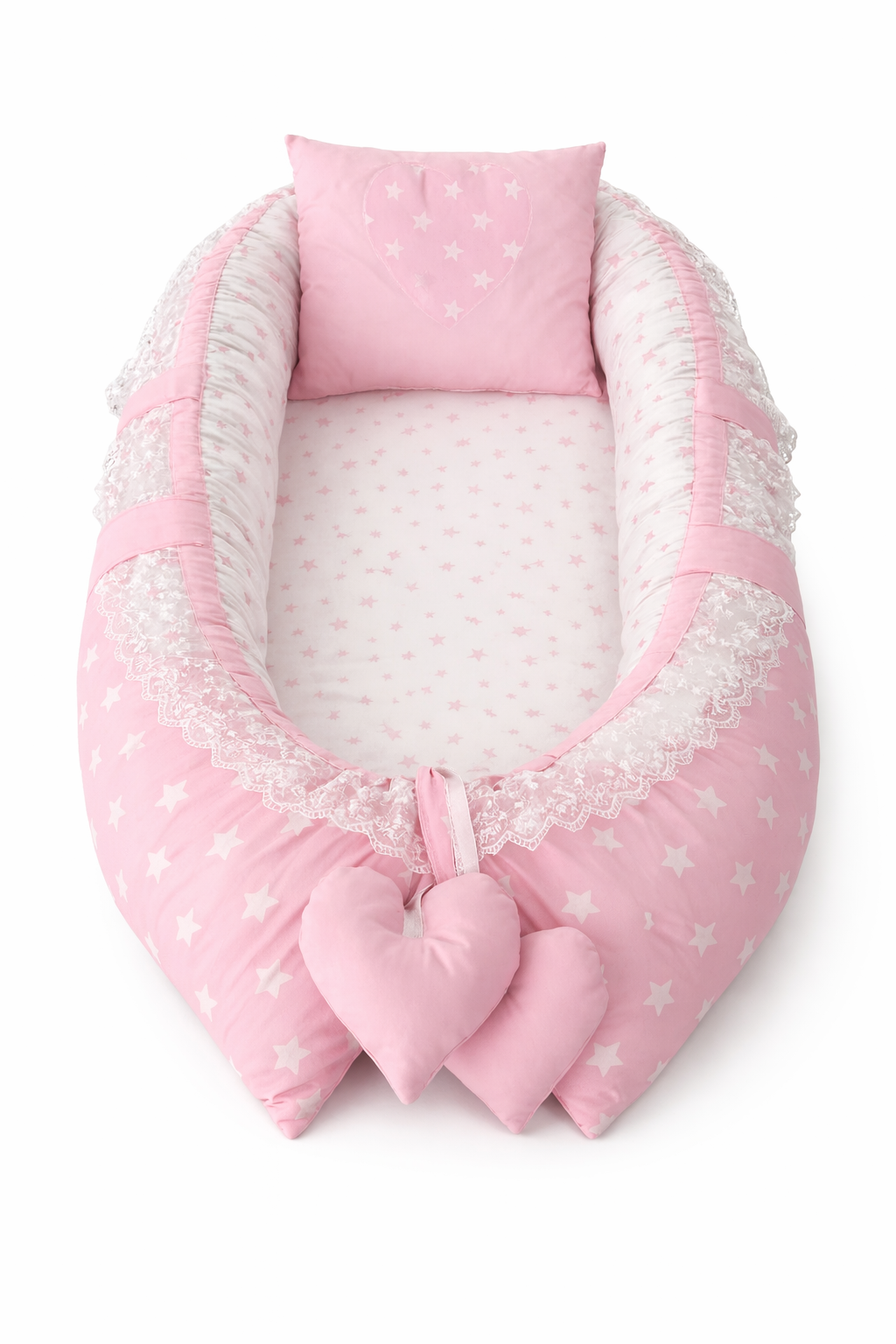 Jaju Babynest Pembe -Beyaz Yıldız Ortopedik Lüx Baby Nest