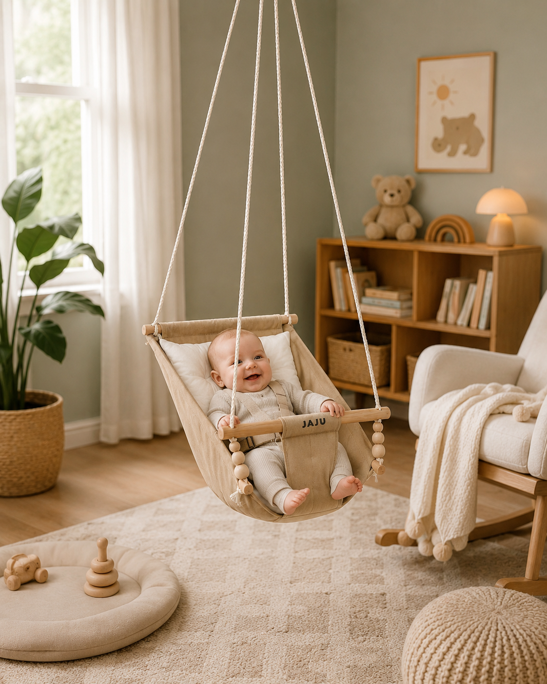 Jaju Rüya Ahşap Bebek Hamak %100 Pamuklu Ev Tipi Tavan Salıncak Bej Renk