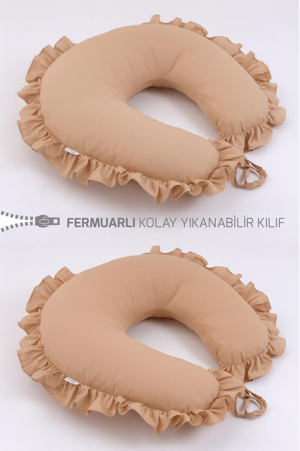 Kahve Fırfırlı Emzirme & Destek Yastığı – Fermuarlı, Yıkanabilir Kılıf | %100 Pamuk